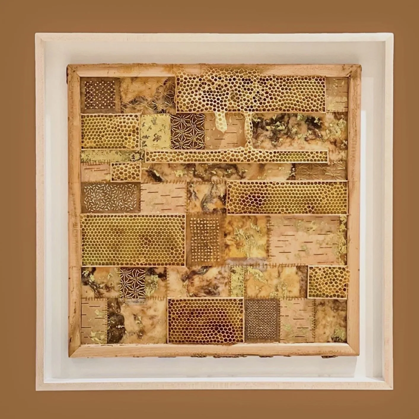  Honeycomb Collaboration: Quilt #1 
Japanese papers, encaustic, embroidery floss, birch bark, gold leaf, seed beads, natural honeycomb on wood panel
