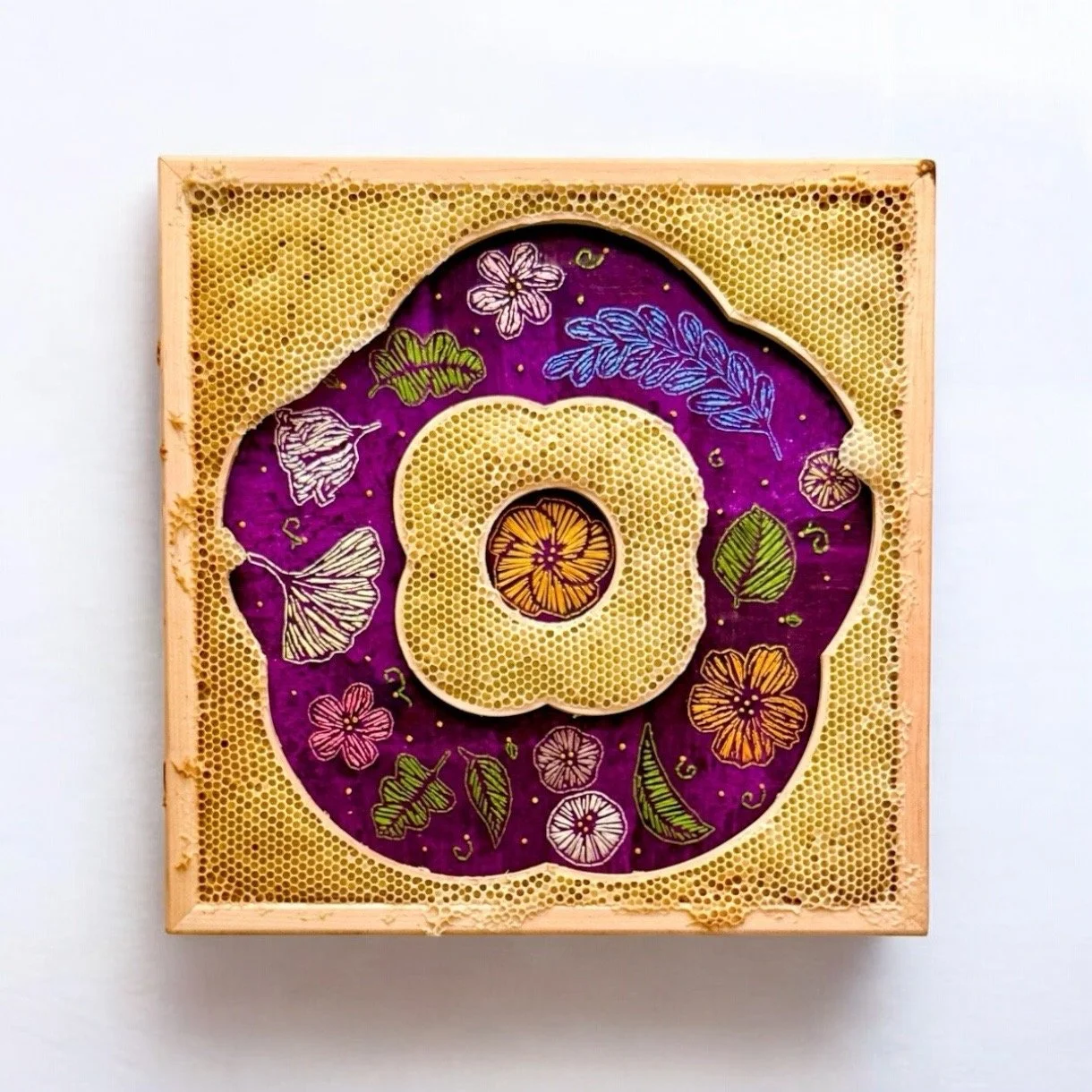  Honeybee Collaboration: Purple Folk Flowers 
Japanese paper, encaustic, embroidery floss, natural honeycomb on wood panel