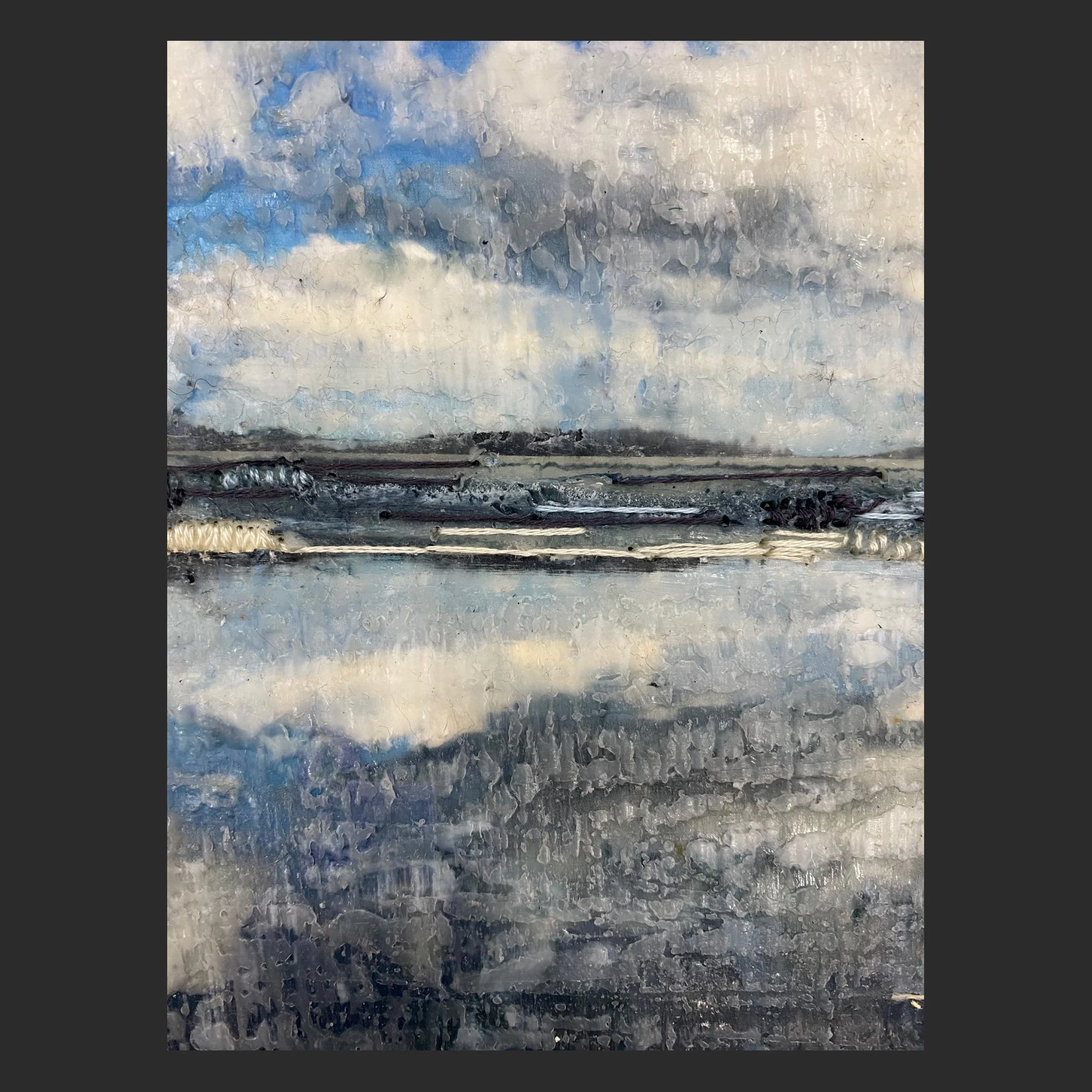  Encaustic Embroidery, Hardwood Lake Small, on Paper 
Encaustic, photography, embroidery floss on Japanese paper