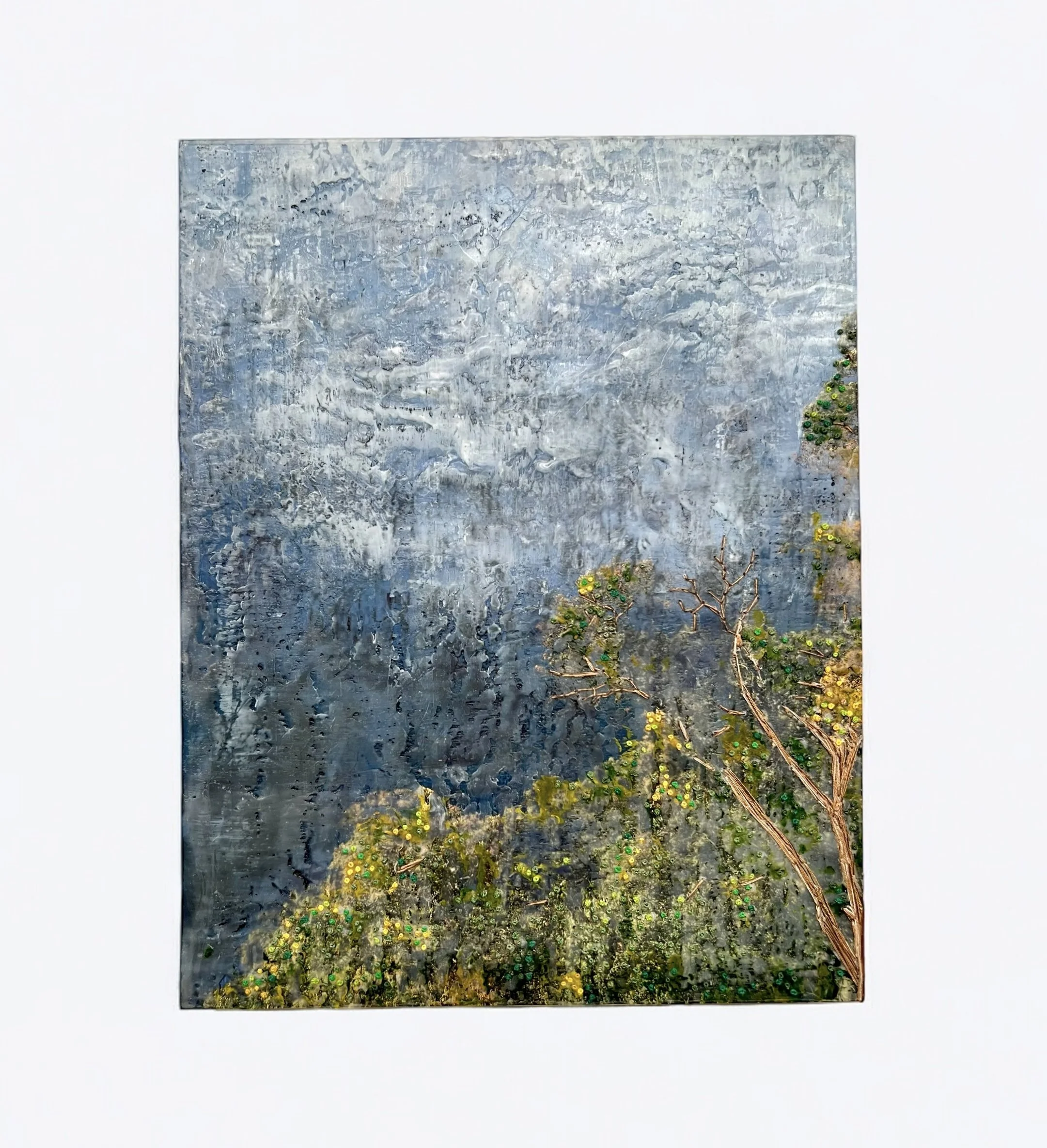  Encaustic Embroidery, Boston, on Wood Panel 
Encaustic, photography, embroidery floss on wood panel
