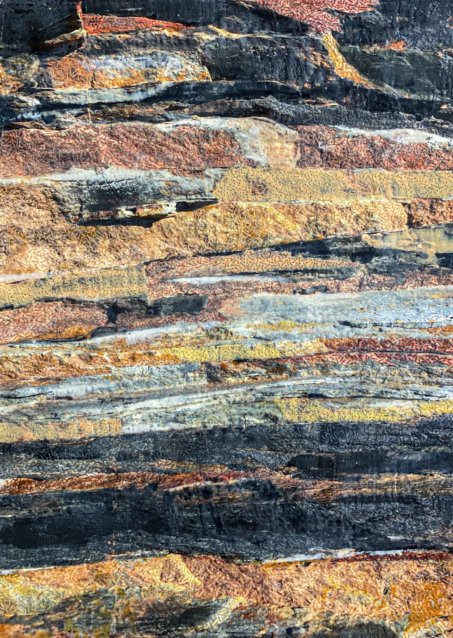  Encaustic Embroidery, Nova Scotia Rocks, on Wood Panel 
Encaustic, photography, embroidery floss on wood panel