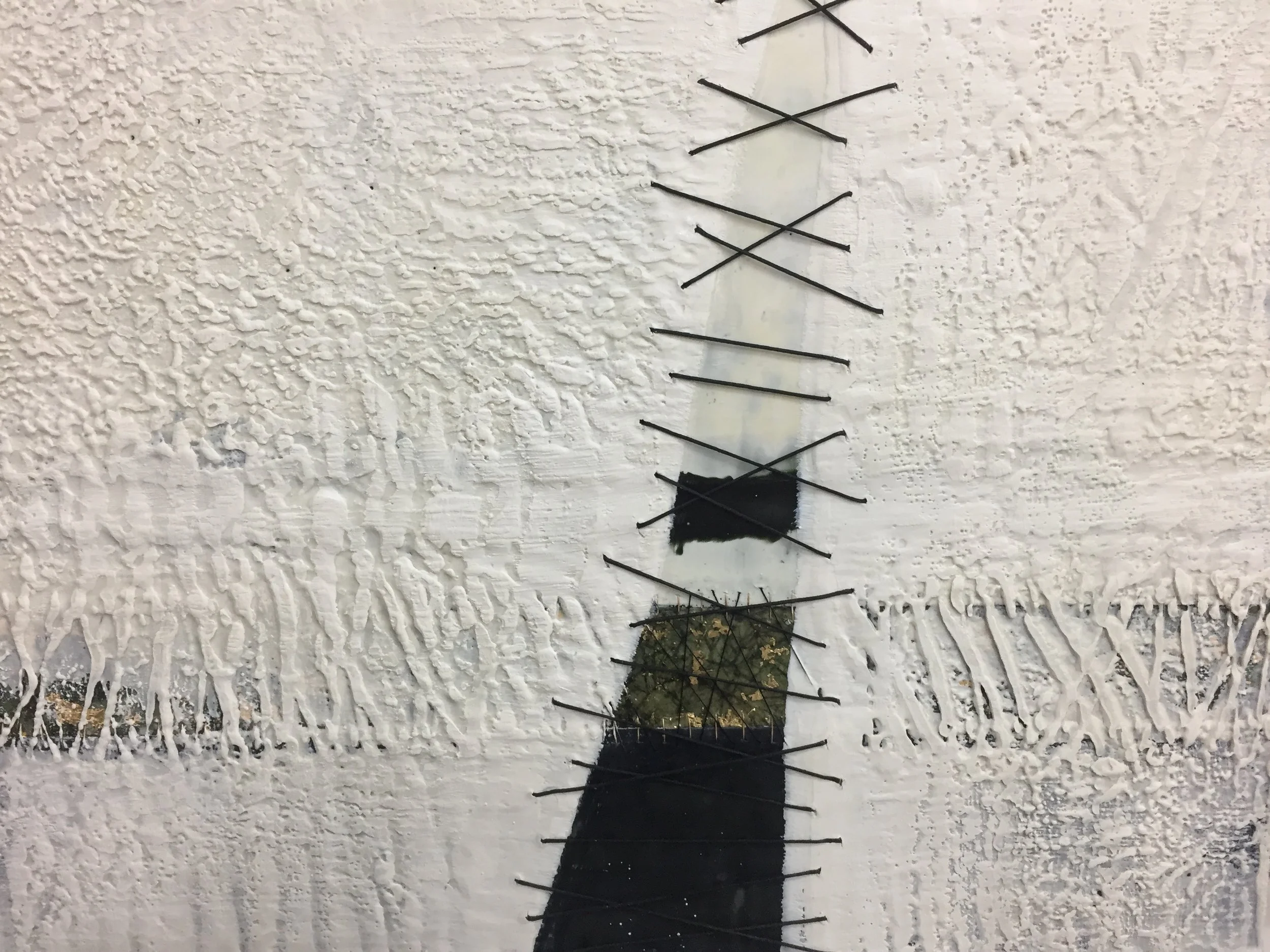  Encaustic Painting, Album Cover (Ghost of the Untraveled Road) 
Encaustic, Japanese papers, embroidery floss, wire, gold leaf on wood panel
