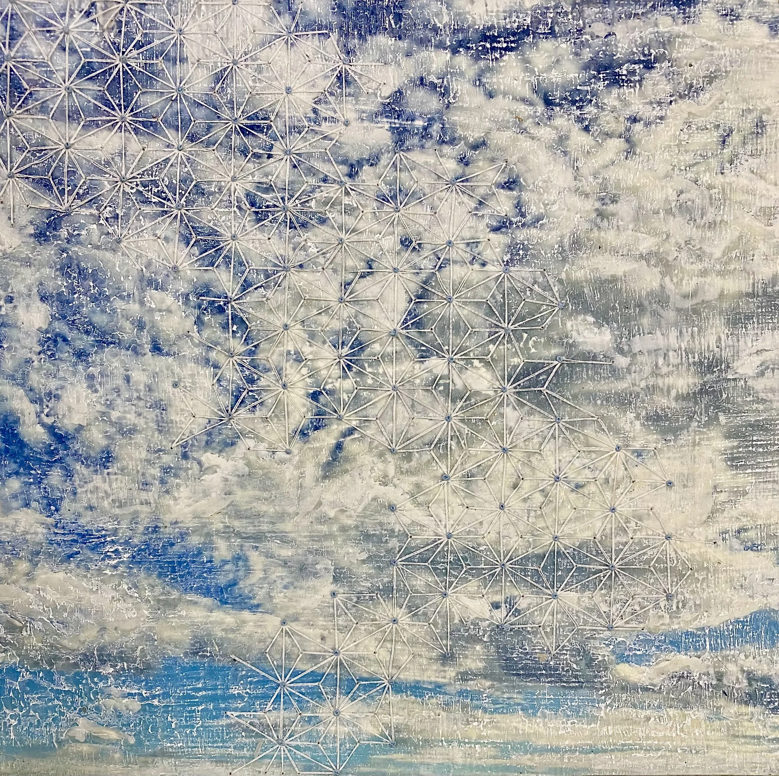  Encaustic Embroidery, Clouds, on Wood Panel 
Encaustic, photography, embroidery floss on wood panel