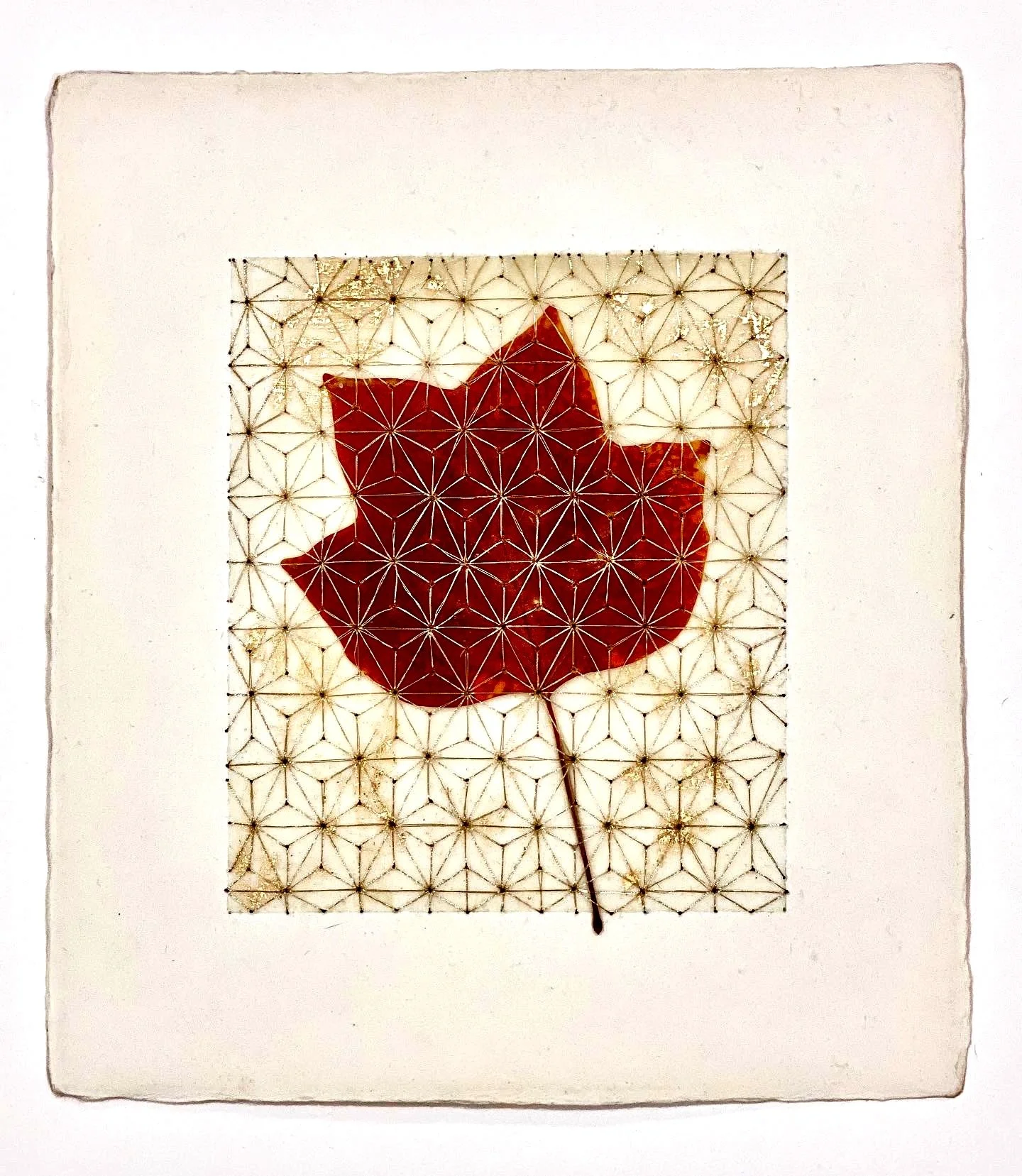  Tulip Leaf with Flower Motif on Paper 
Japanese Paper, Tulip leaf, beeswax, gold leaf and embroidery floss