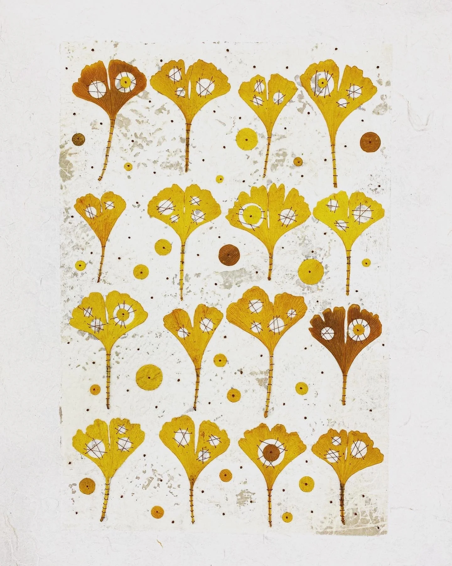  Ginko Leaves with French Knots on Paper 
St Armand's Press Paper, Ginko leaves, beeswax, leaves, embroidery floss