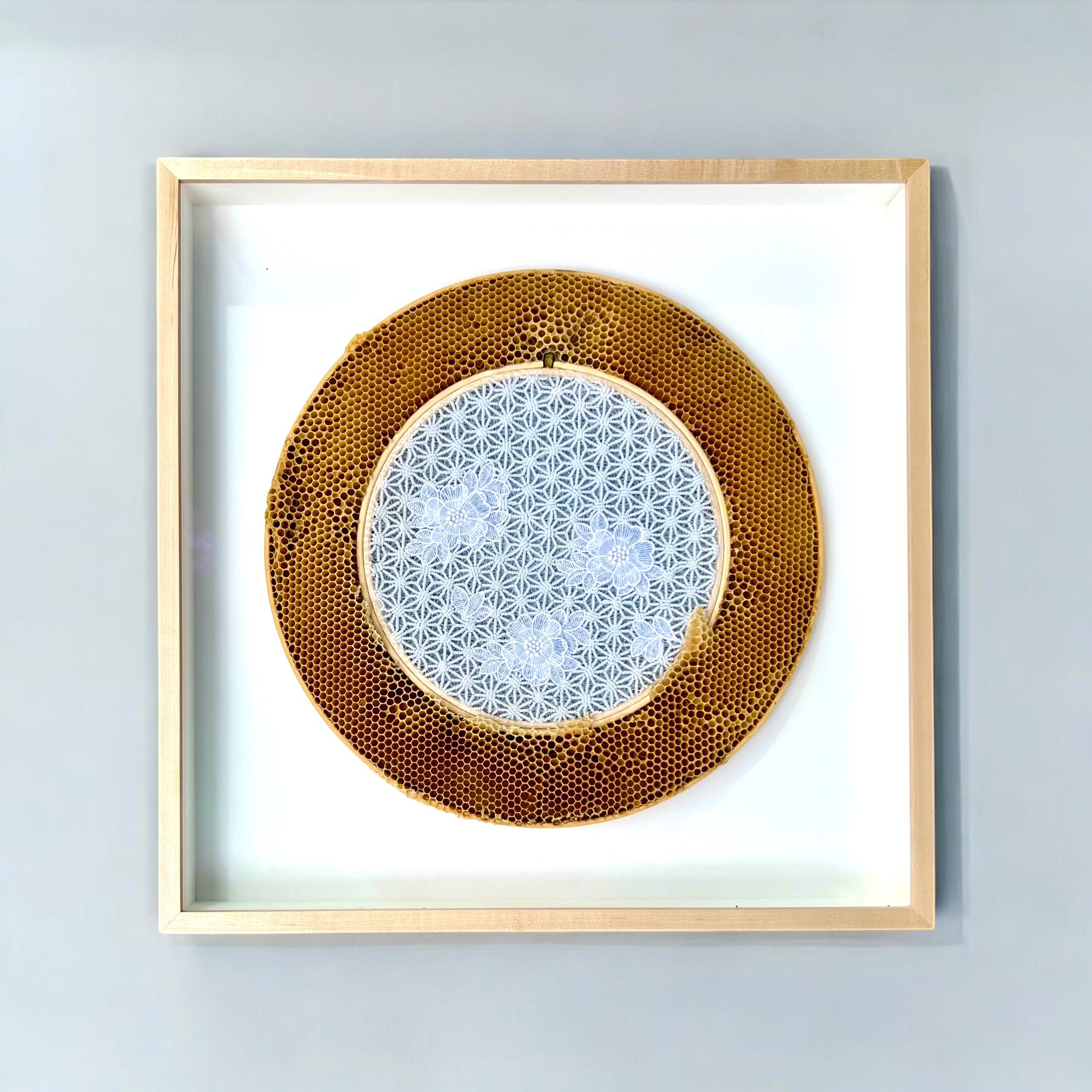  Honeycomb Collaboration: White Lace 
Japanese papers, Japanese lace, seeds beads, thread, embroidery hoops, natural honeycomb on wood panel