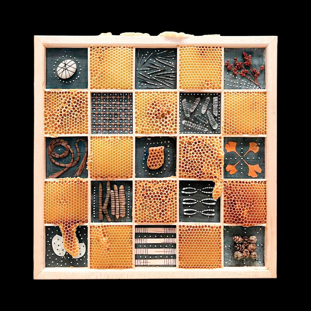  Honeycomb Collaboration: Checkerboard, Organic Materials 
Japanese paper, encaustic, organic materials, embroidery floss, natural honeycomb on wood panel