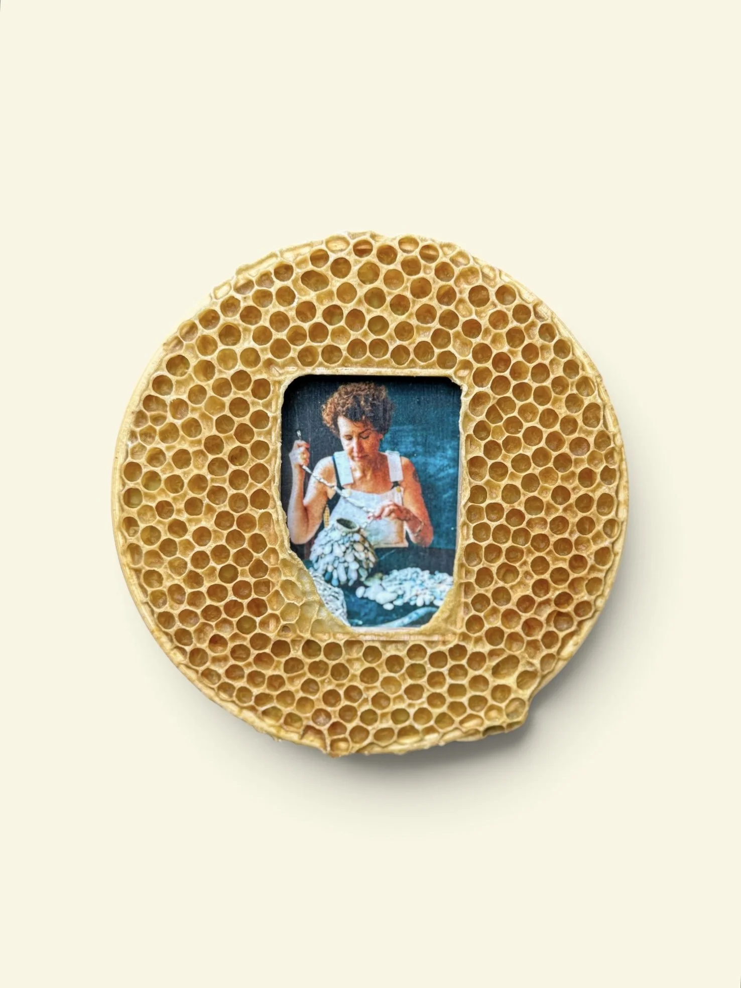  Self Portrait 
Photography (image by Joana Betzner), encaustic, embroidery floss and natural honeycomb in embroidery hoop