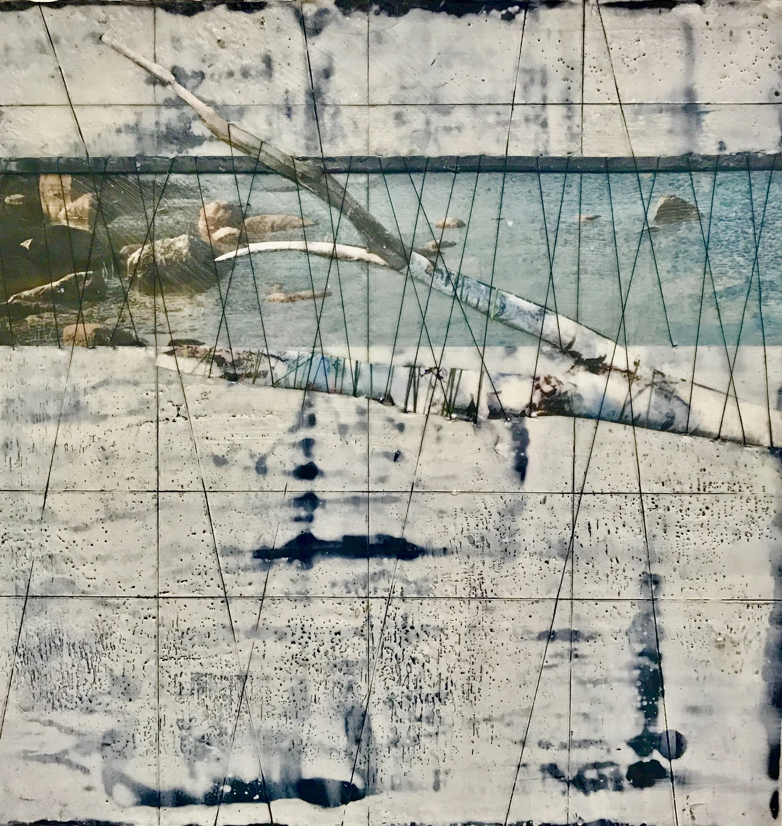  Encaustic Embroidery, Lake with Birch, on Wood Panel 
Encaustic, photography, Japanese tissue, embroidery floss on wood panel