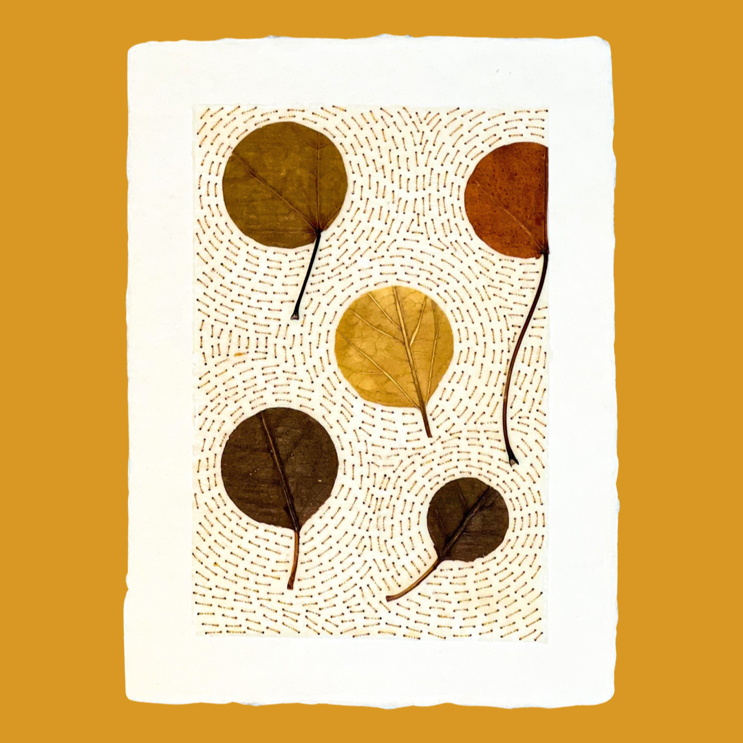  Balloon Leaves on Paper 
Japanese paper, beeswax, leaves, metallic floss 