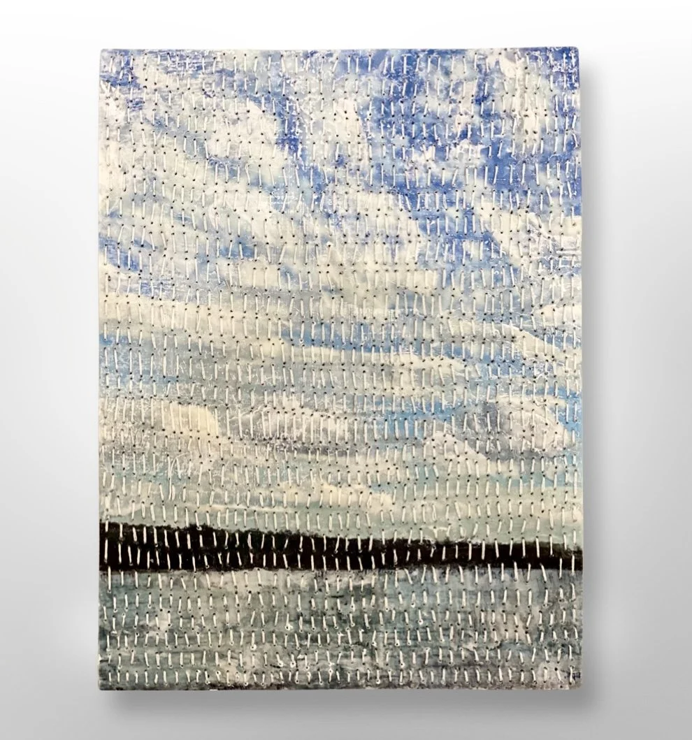  Encaustic Embroidery, Hardwood Lake Small, on Wood Panel 
Encaustic, photography, embroidery floss on wood panel