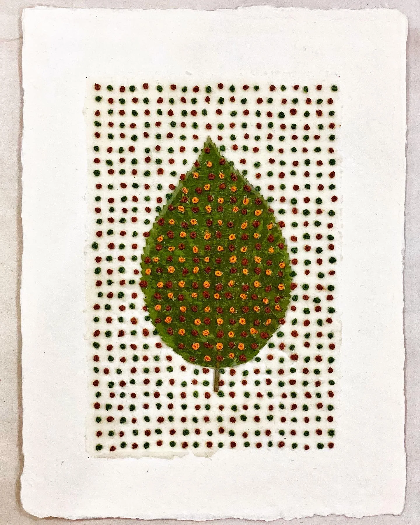  Leaf and French Knots on Paper 
Japanese paper, beeswax, leaf and embroidery floss