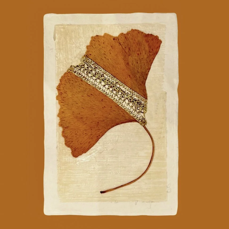 Ginkgo Leaf with Gold Lace 
Japanese paper, Ginkgo leaf, beeswax, metallic thread, Japanese lace 
