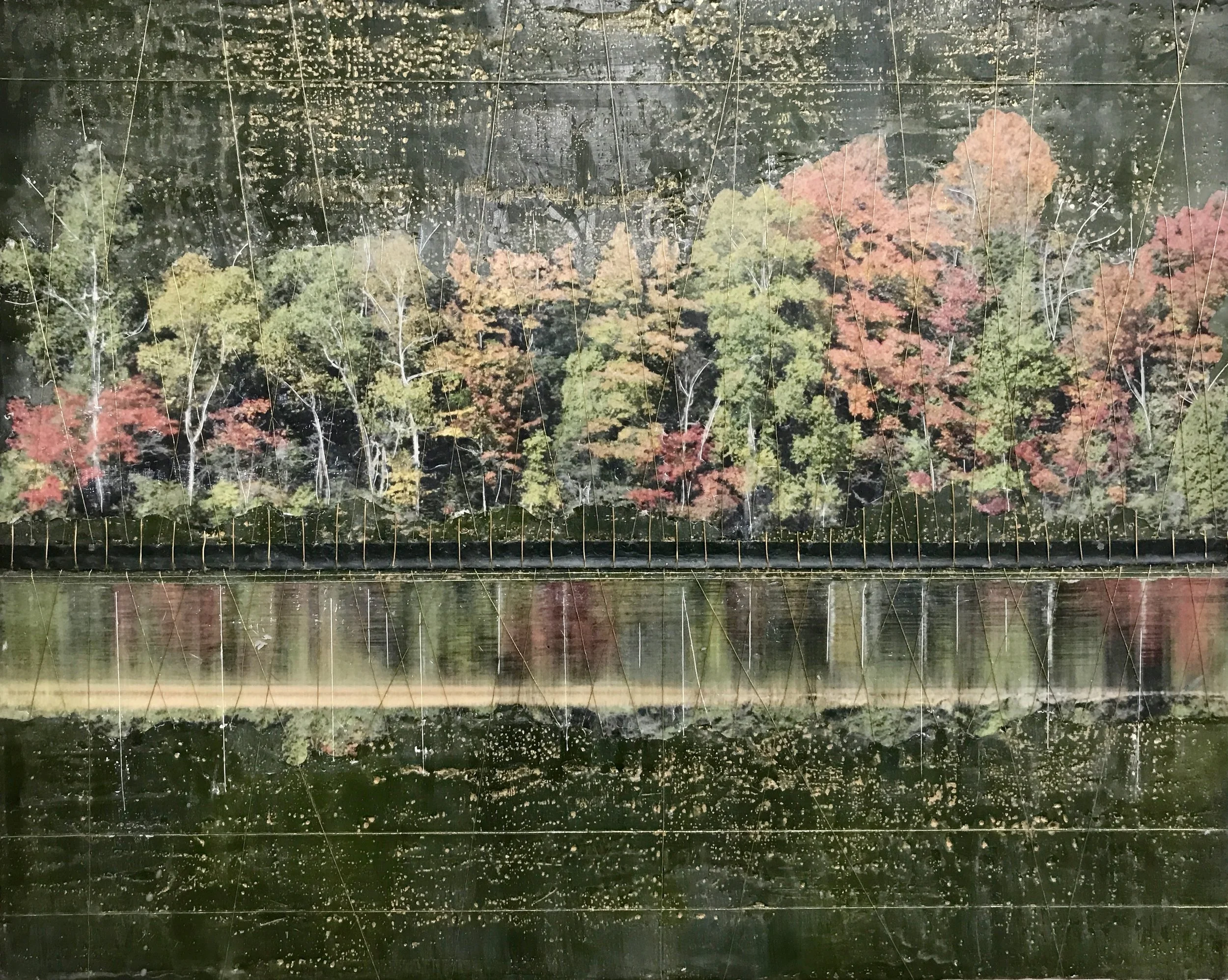  Encaustic Embroidery, Autumn Reflection, on Wood Panel 
Encaustic, photography, wire, gold leaf on wood panel