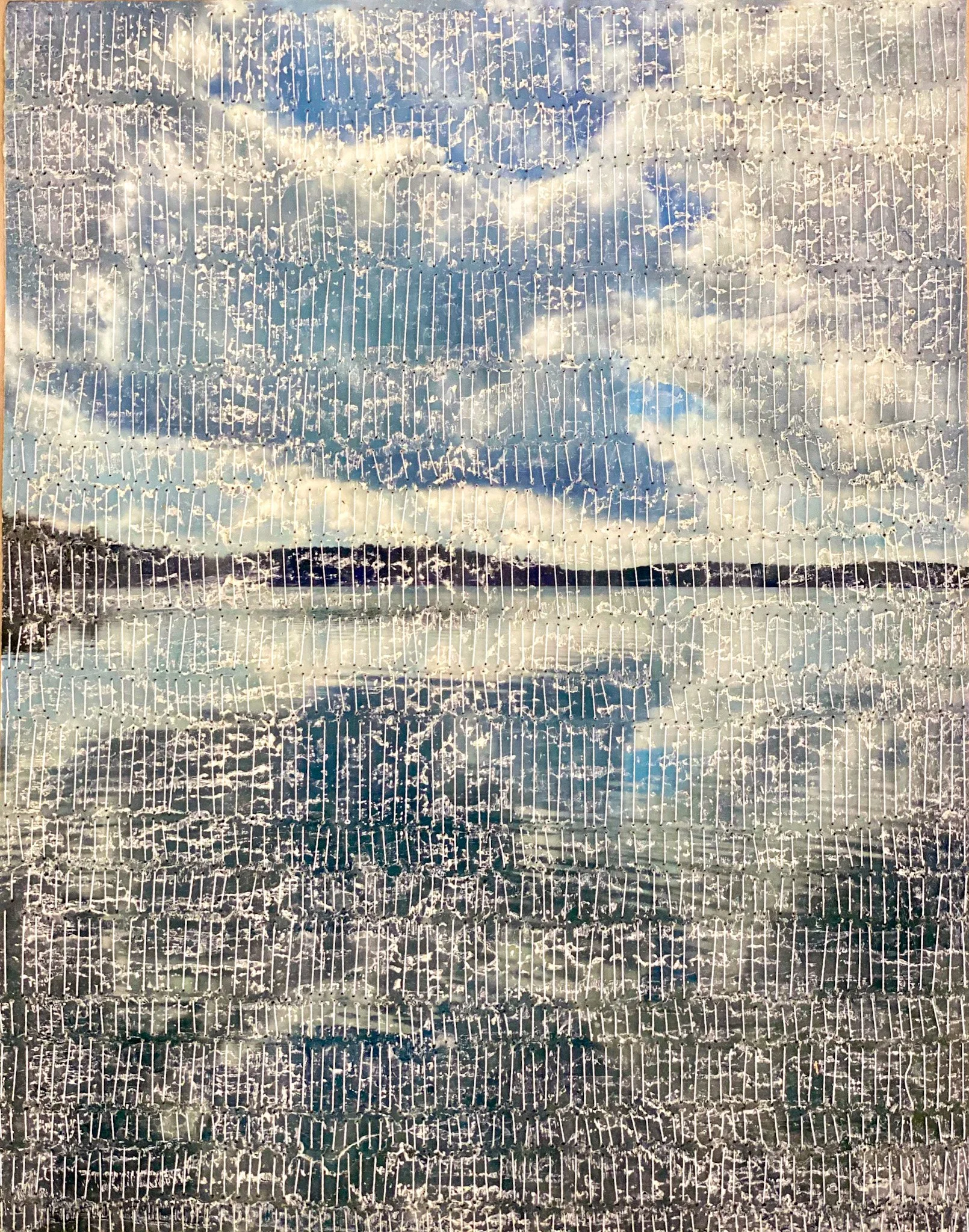 Encaustic Embroidery, Hardwood Lake Large, on Wood Panel 
Encaustic, photography, embroidery floss on wood panel