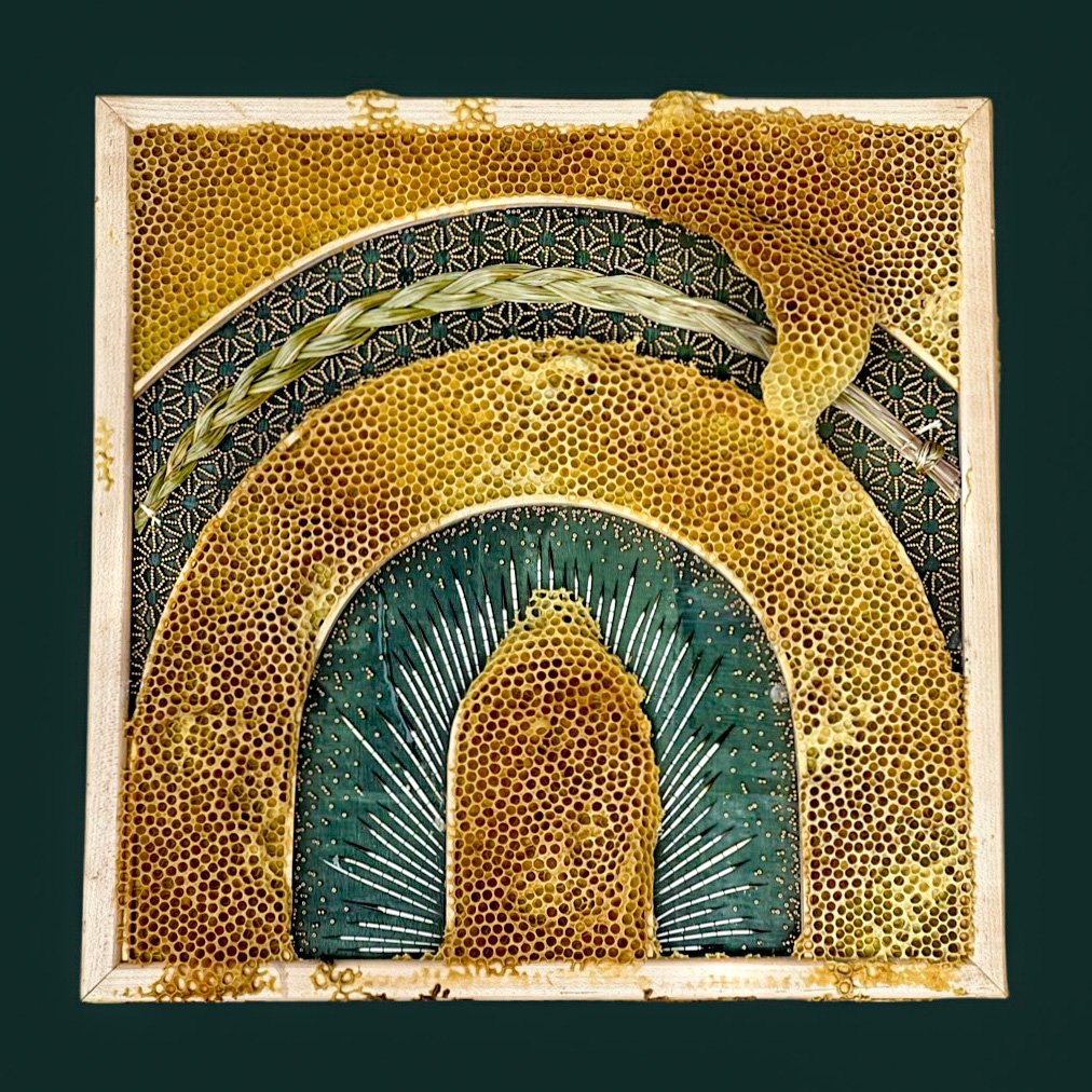  Honeycomb Collaboration: Braided Sweetgrass, Indspire 
Japanese paper, encaustic, braided Sweetgrass, porcupine quills, seeds beads, gold leaf, embroidery floss, natural honeycomb on wood panel