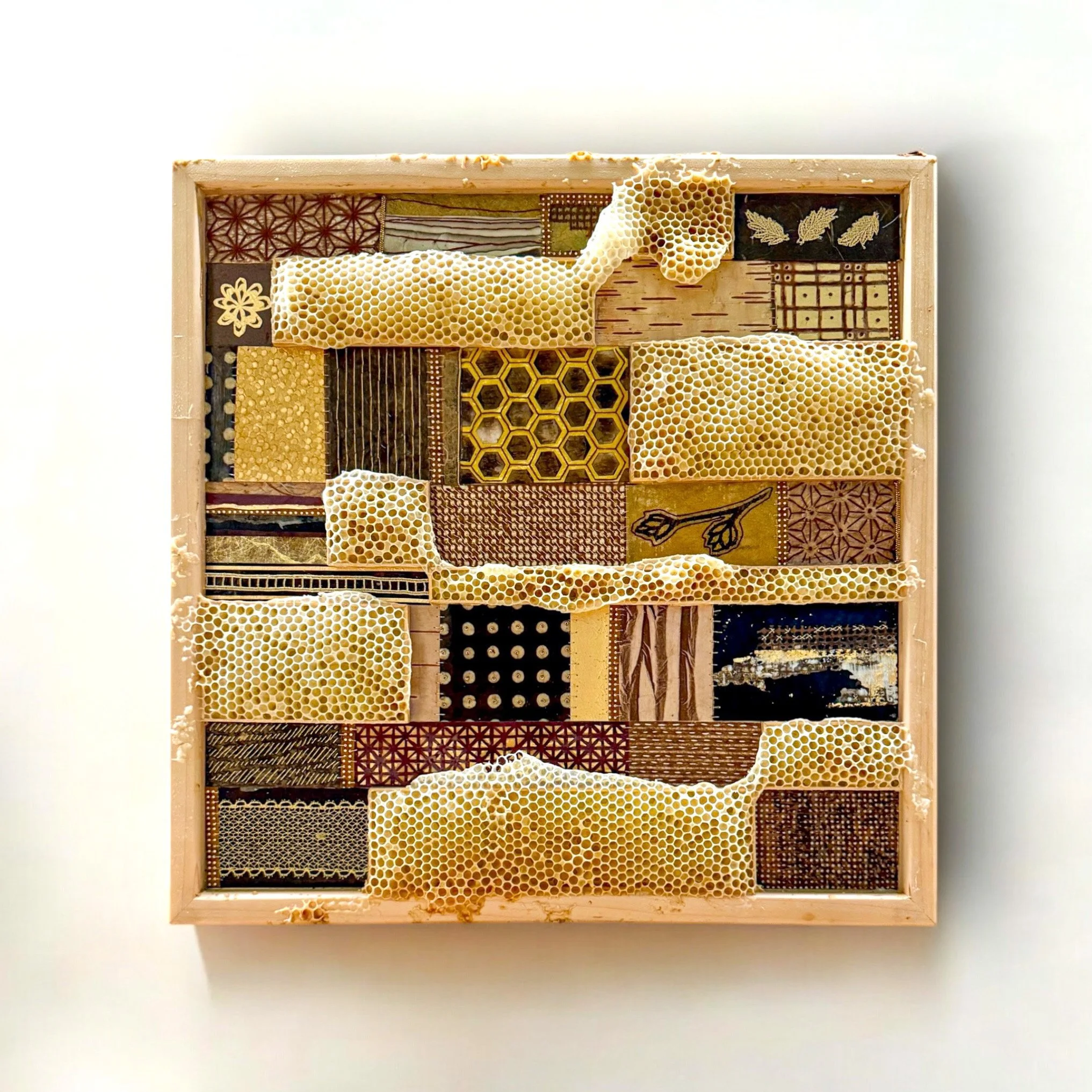 Honeycomb Collaboration: Quilt #2 
Japanese papers, encaustic, embroidery floss, natural honeycomb on wood panel