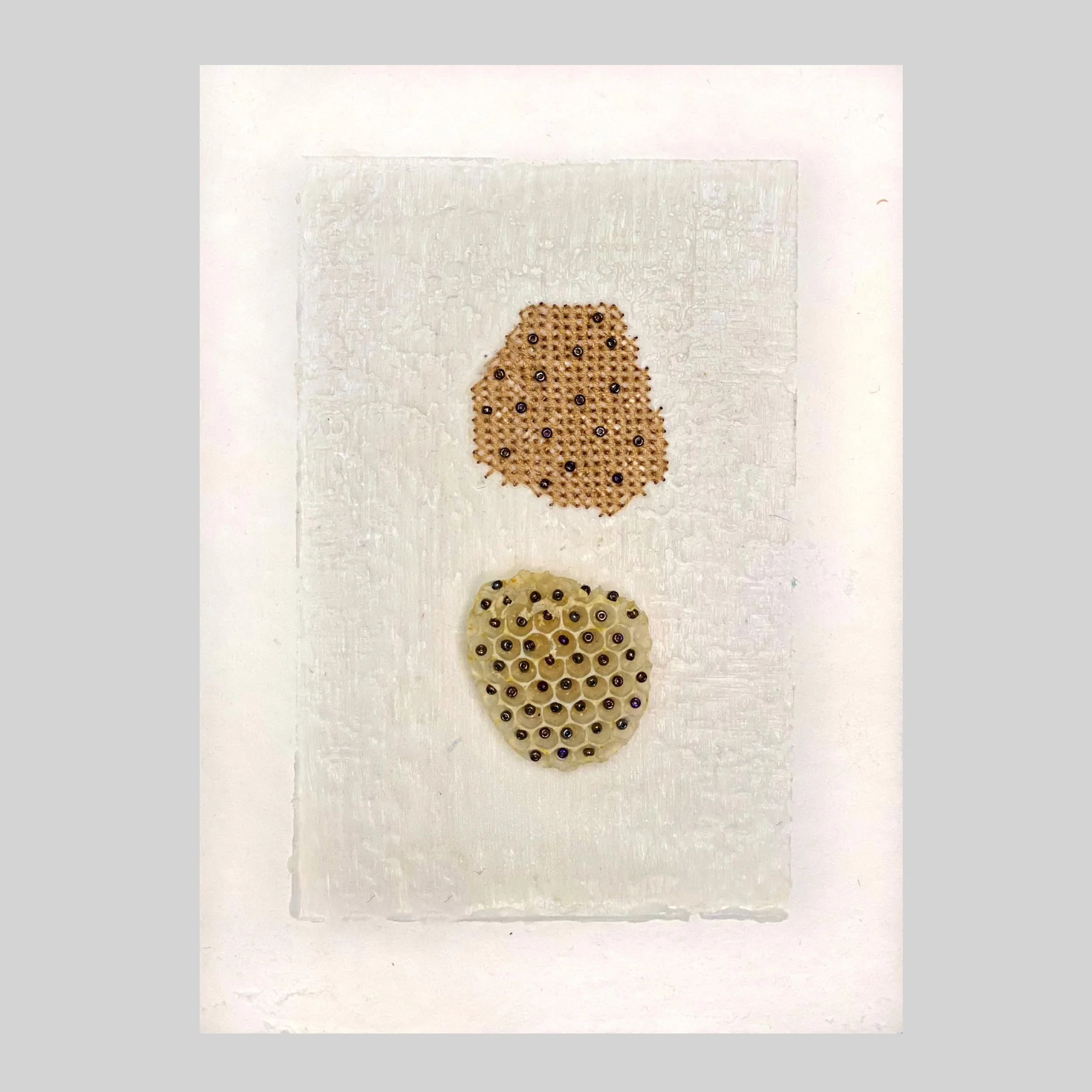  Burr Comb and Cross Stitch on Paper 
Japanese paper, beeswax, burr comb, seed beads, silk thread and embroidery floss