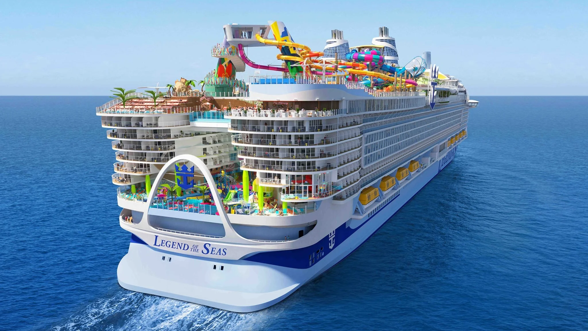 Artist’s rendering of Legend of the Seas at sea, showing its colourful Category 6 Waterpark and upper-deck attractions.