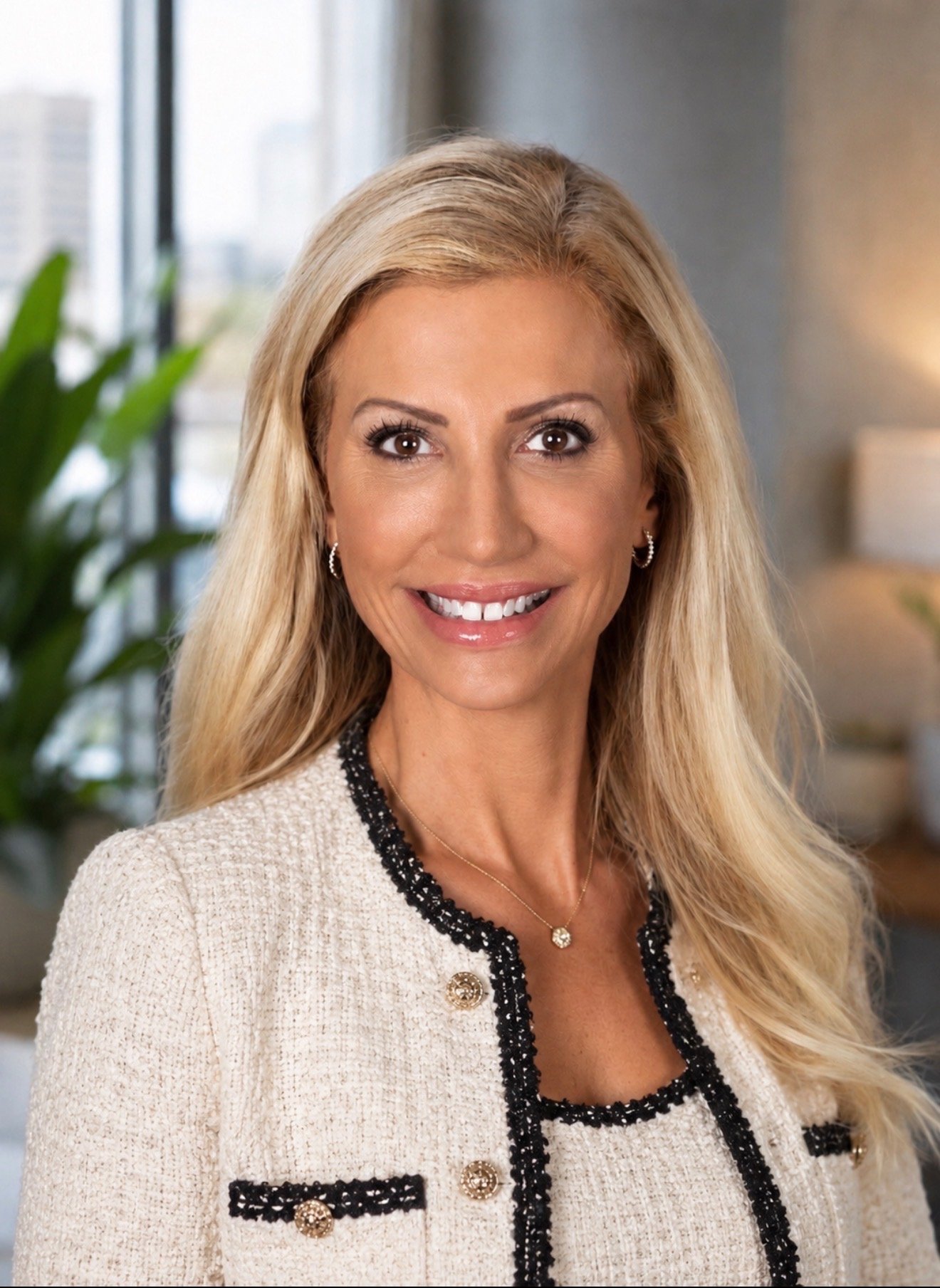 A blonde woman with a bright smile, wearing a cream-colored jacket with black trim and gold buttons, standing in a modern indoor setting with a large window, green plant, and soft lighting.