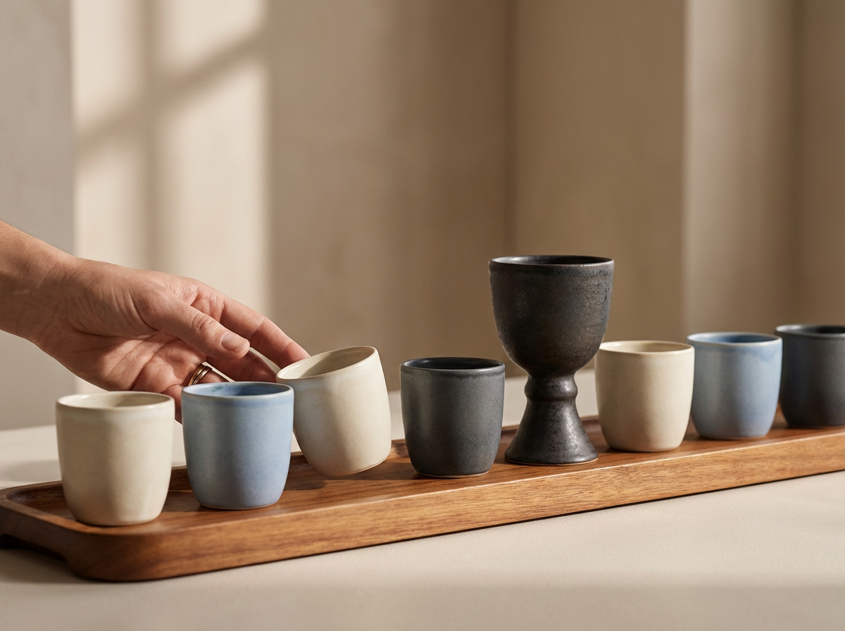 Hand placing a ceramic cup on a wooden tray, surrounded by various other cups of different colors and styles.