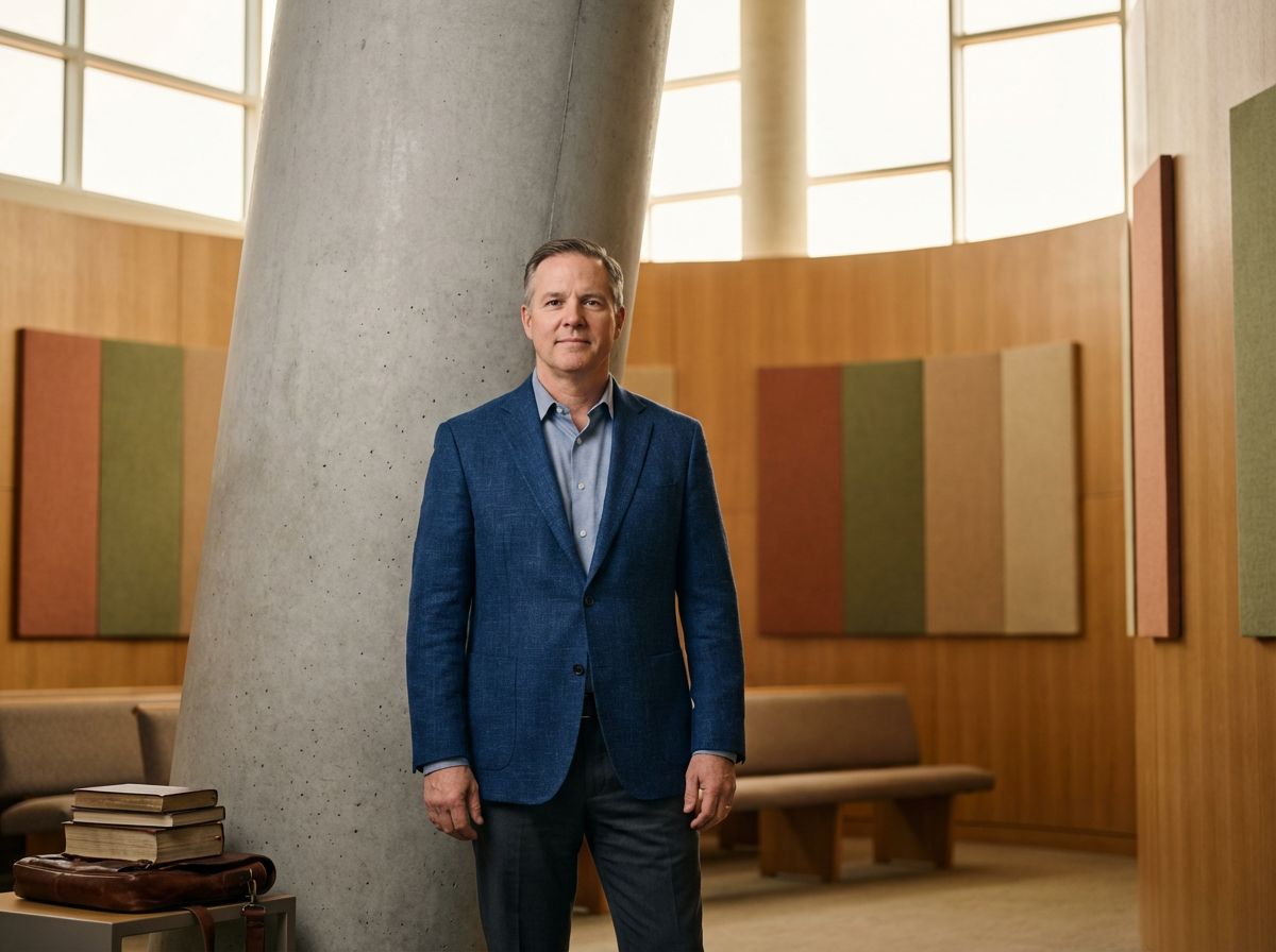 A man in a blue blazer and light blue shirt standing inside a modern building with wooden walls, colorful abstract artwork, a concrete pillar, and a bench.
