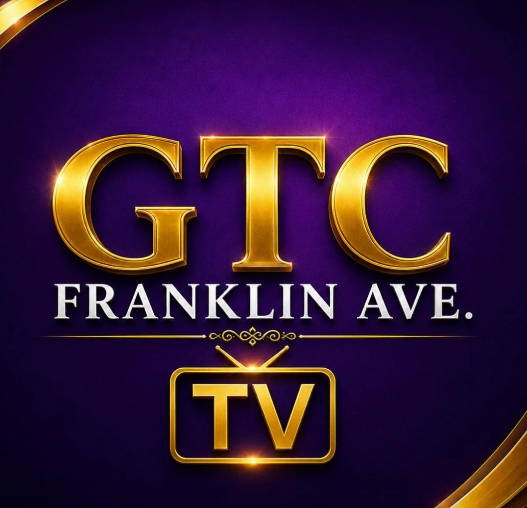 Logo for GTC Franklin Ave. TV with large gold letters GTC, with 'Franklin Ave.' and 'TV' beneath on a purple background.