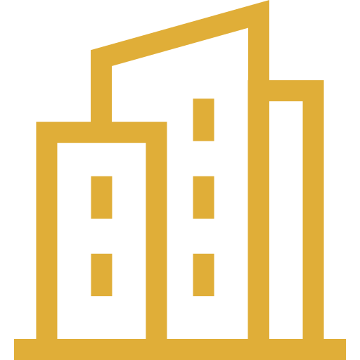 Icon of a building with multiple windows in gold color on a black background.