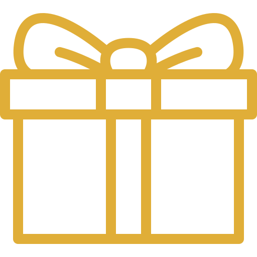 Golden outline of a gift box with a bow on top.