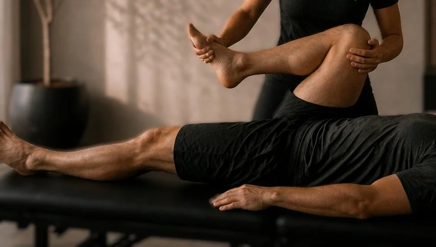 Physical therapist assisting a person with leg stretches on a therapy table.