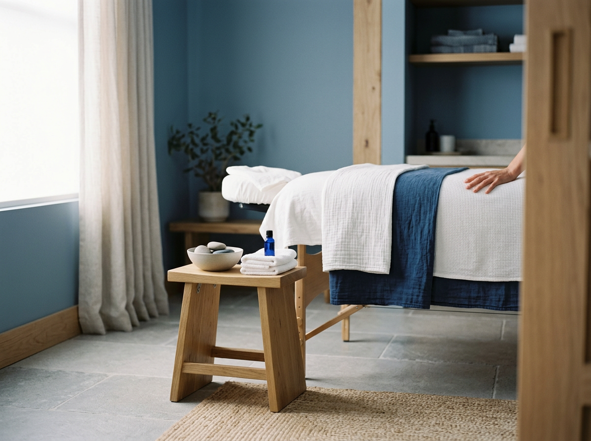 Spa massage table with white linens and blue accents in a serene room with natural light, a small wooden stool with towels and spa products, and a background shelf with towels and decor.