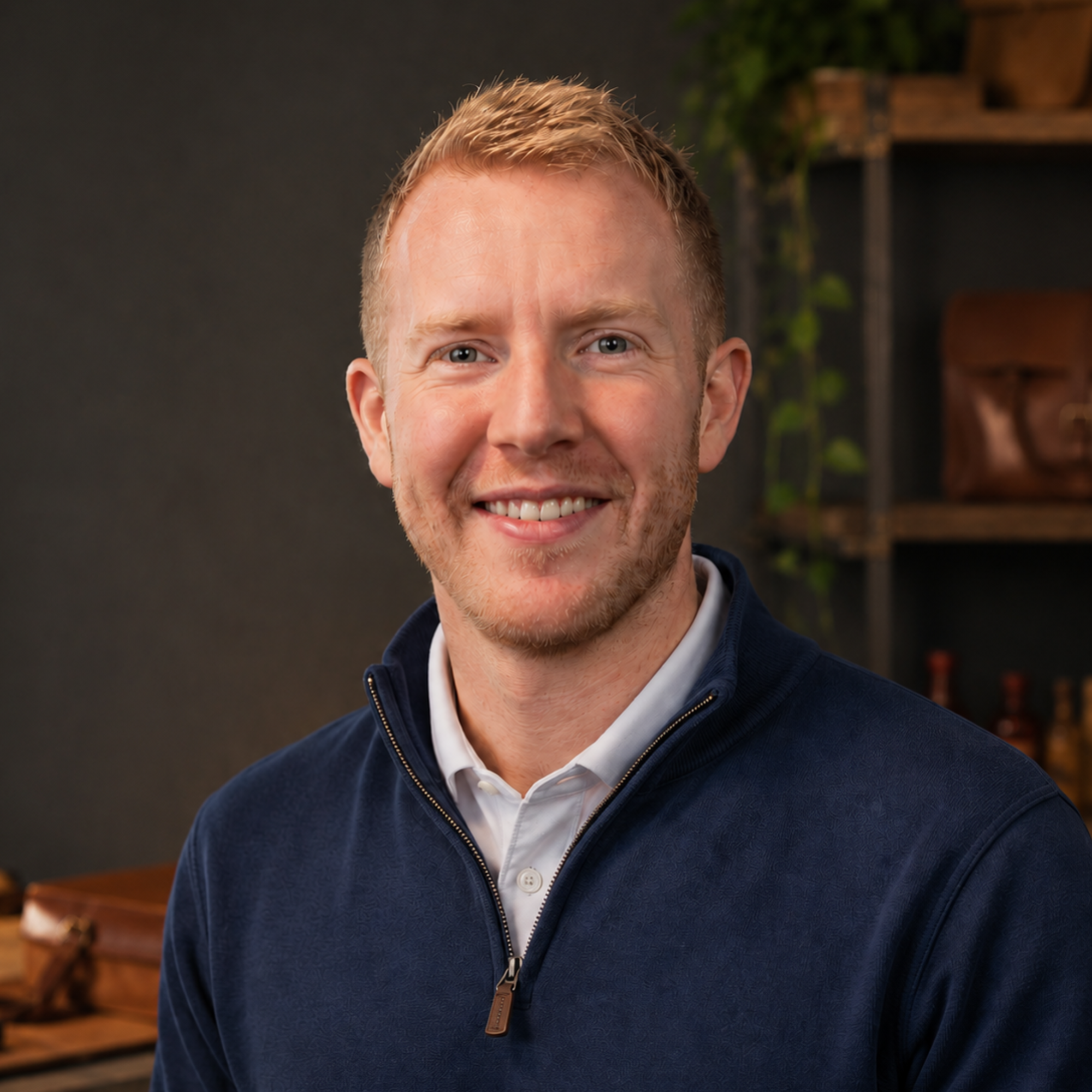 Smiling wealth advisor in a navy quarter-zip sweater and white collared shirt, posed at an office indoors.