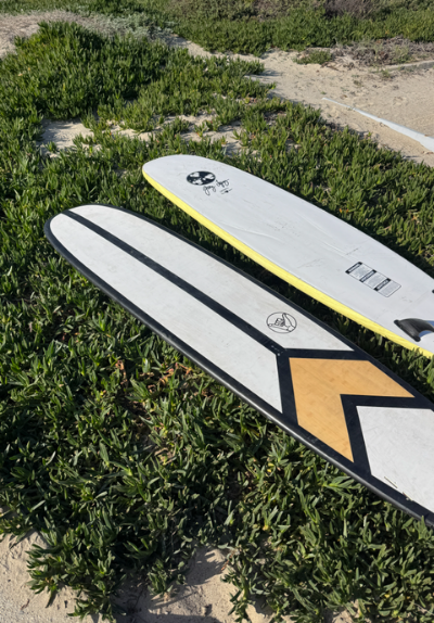 Two surfboards laying on the ground on green plants