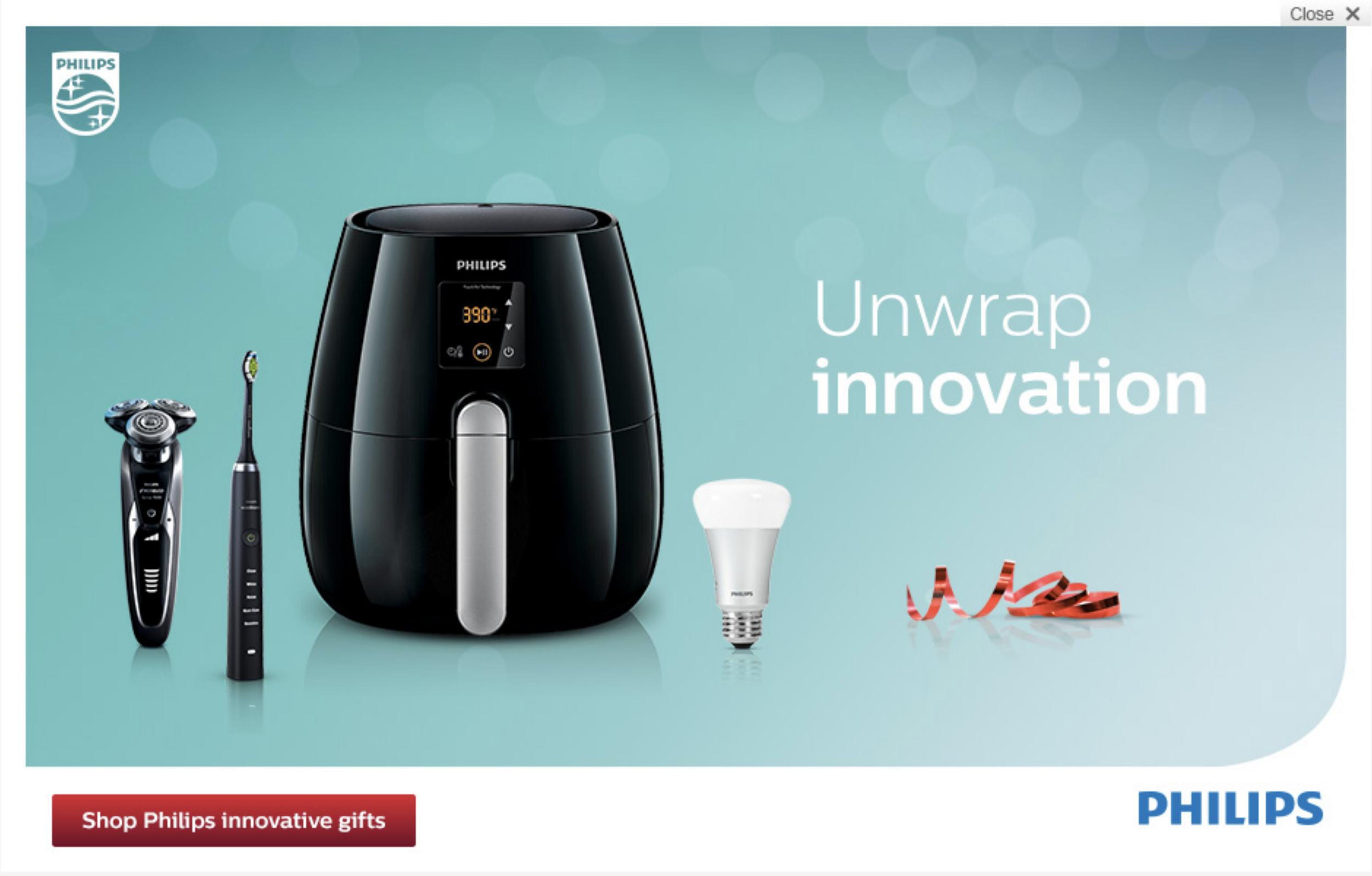 A digital advertisement showcasing Philips products including an air fryer, electric shaver, toothbrush, smart light bulb, and a red ribbon on a teal background with the text "Unwrap innovation".