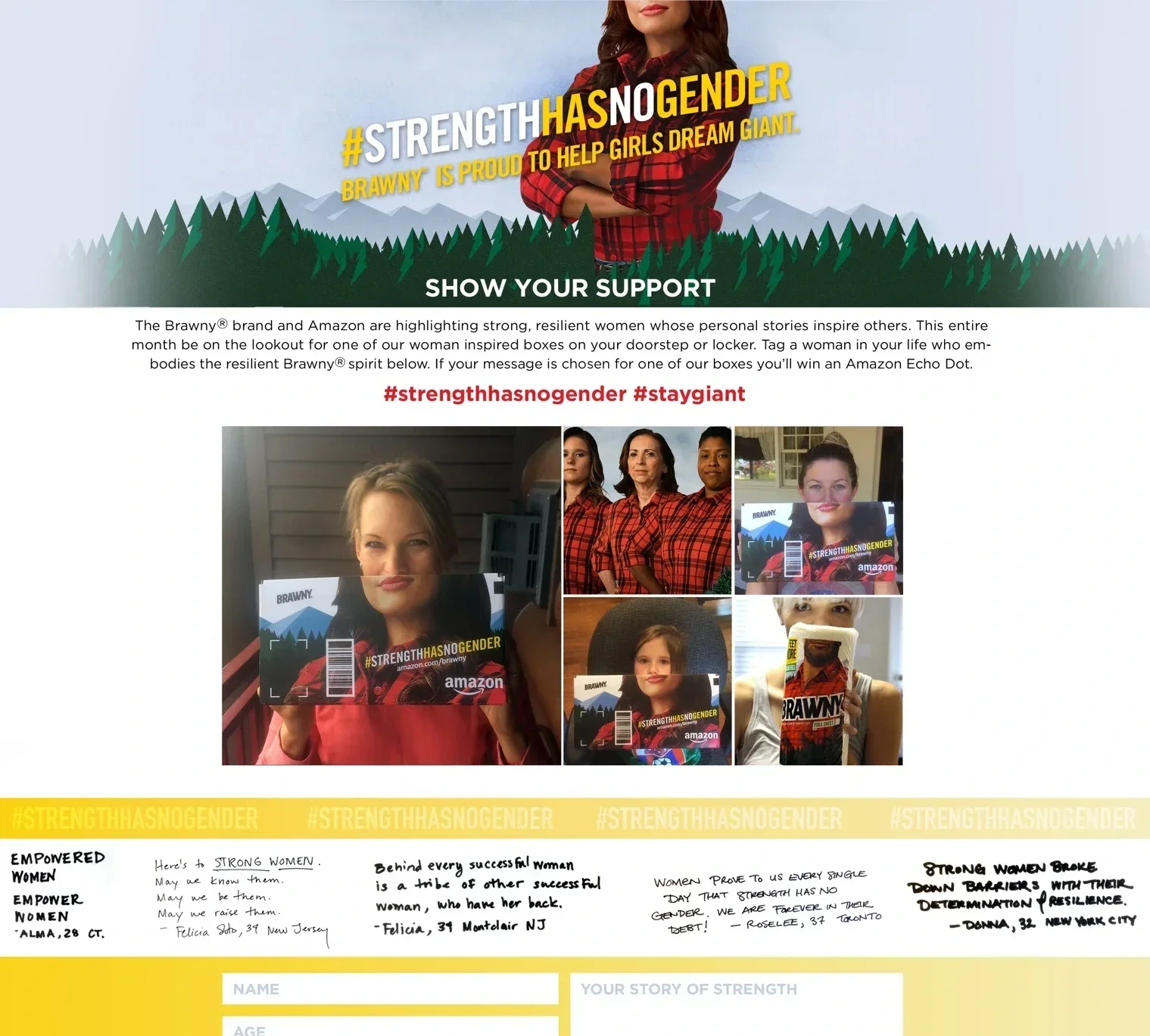 A webpage promoting strong women and resilience, featuring a woman in a red plaid shirt with arms crossed, mountain and forest background, and multiple women holding boxes with hashtags and messages supporting empowerment.