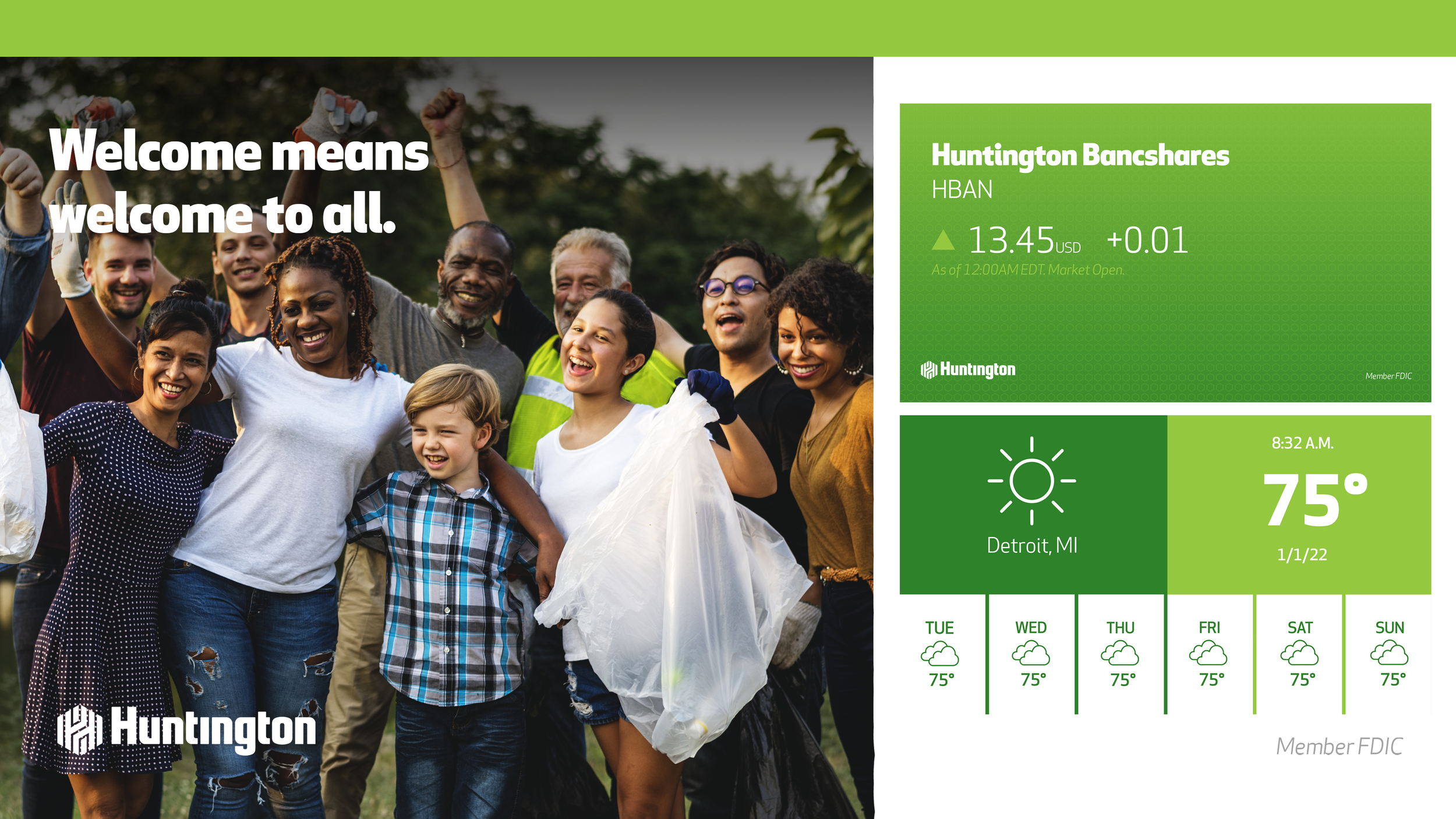 Huntington Bank branch screen with live local weather, market ticker and branded content