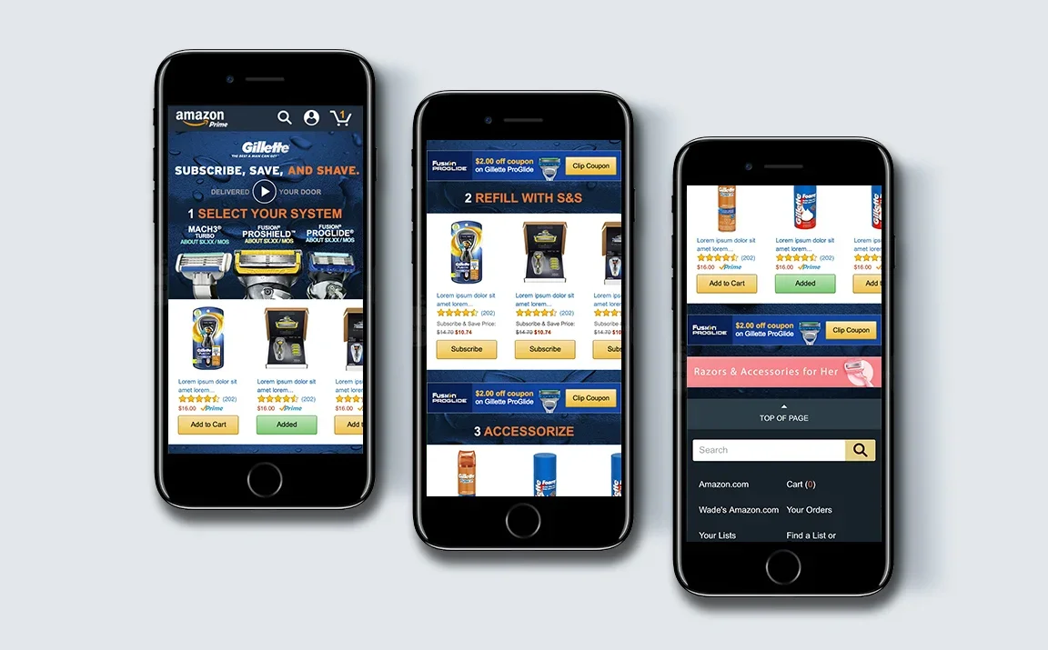 Three smartphones displaying an Amazon shopping app for grooming and personal care products.