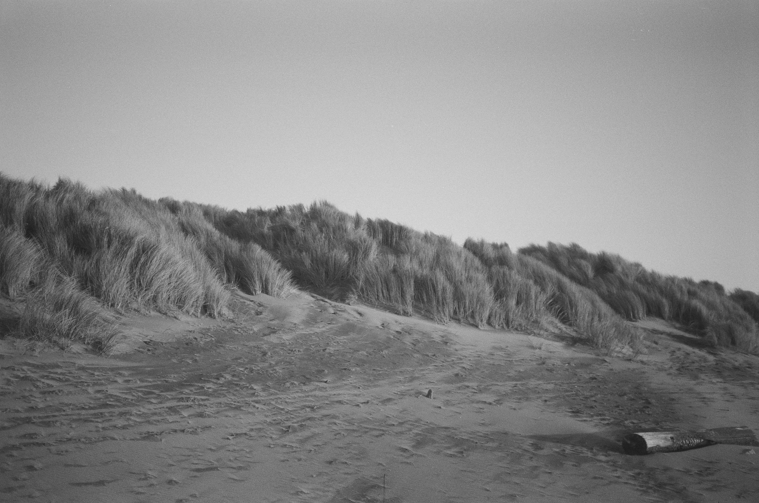 Black and white photo of a sandy beach with tall grass-covered sand dunes in the background and a large drill pipe lying on the sand in the foreground.