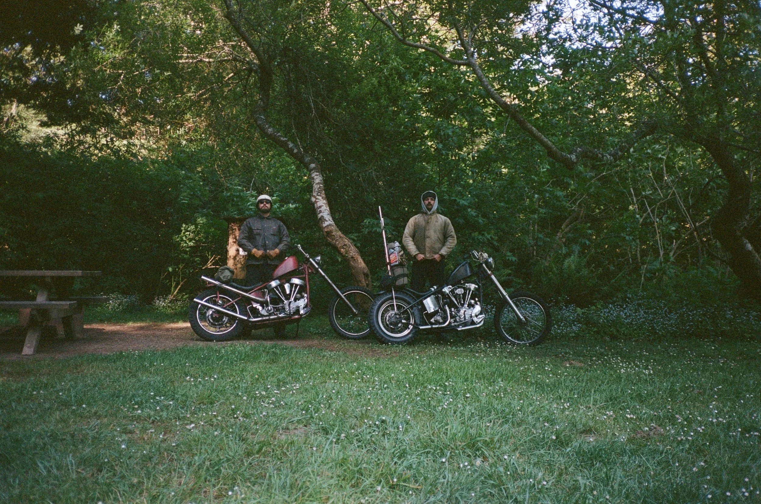 Two men standing outdoors among trees with greenery and grasses, next to two parked motorcycles.