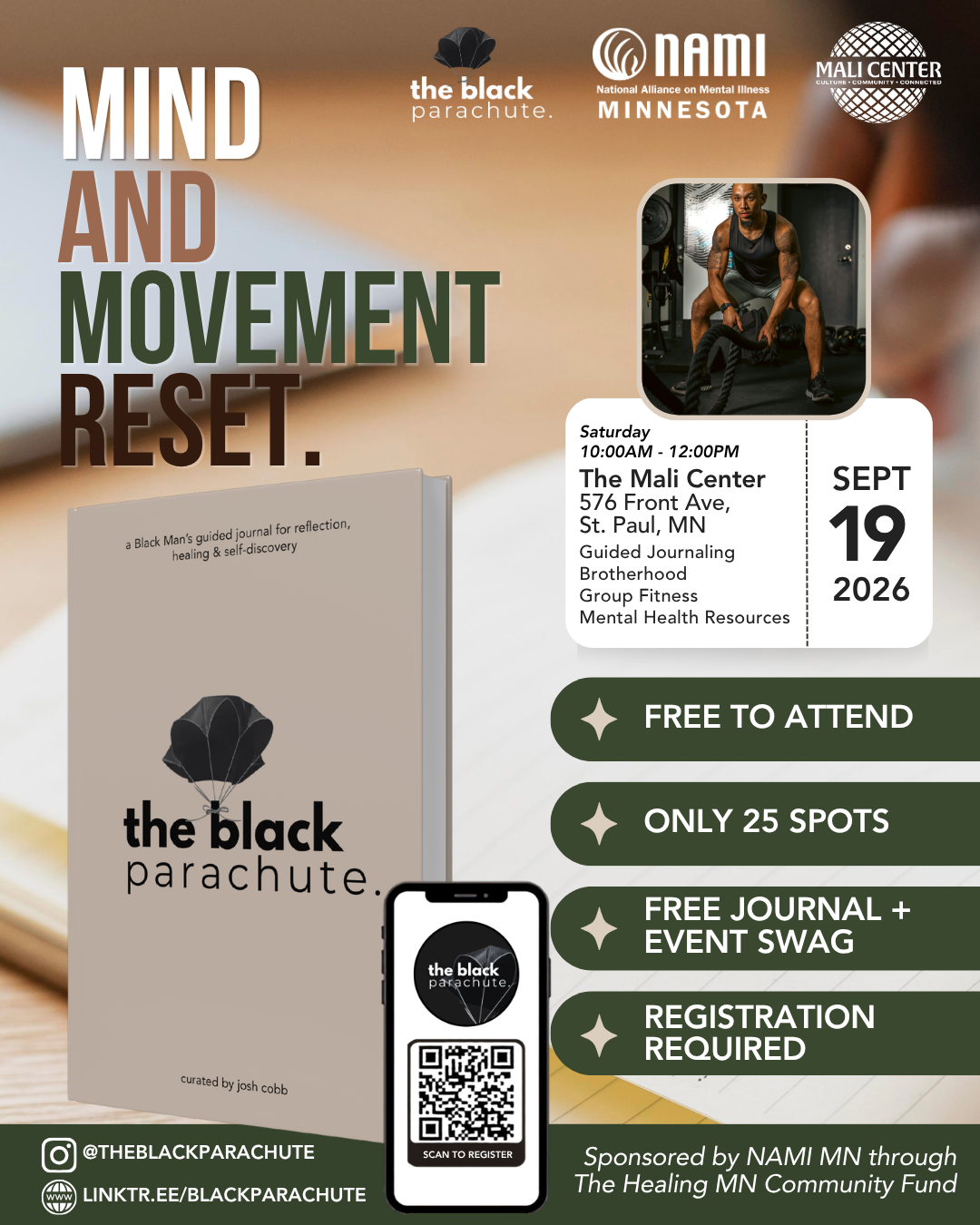 Event flyer for 'Mind and Movement Reset' at the Mali Center in St. Paul, Minnesota, on September 19, 2026, from 10:00 AM to 12:00 PM, including guided journaling, brotherhood, group fitness, and mental health resources, featuring images of a man with tattoos in gym attire and a book titled 'the black parachute' with a parachute logo.