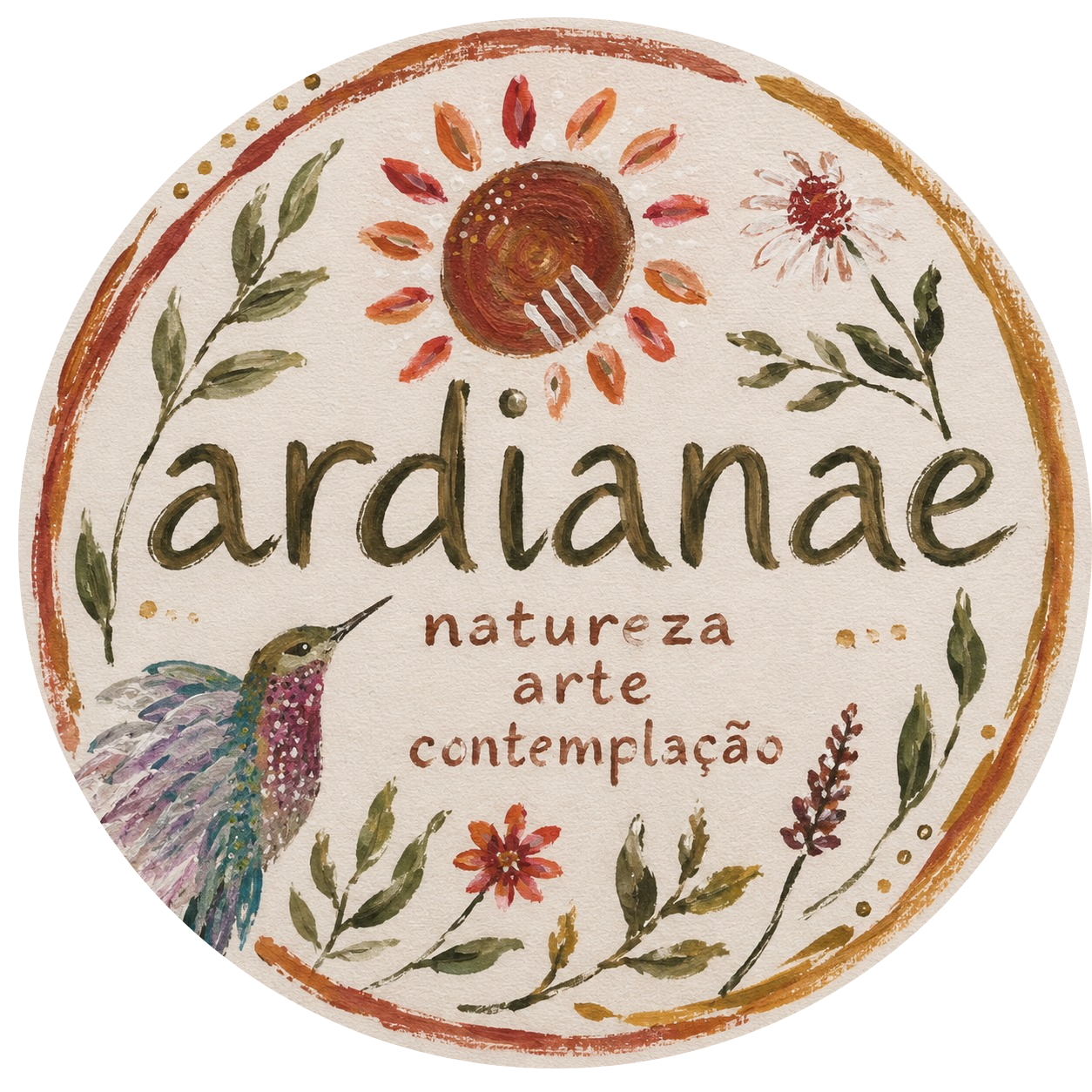 Logo com o nome 'ardianae' e palavras 'natureza, arte, contemplação' rodeado por elementos naturais como folhas, flores e um beija-flor, com uma representação de sol no topo