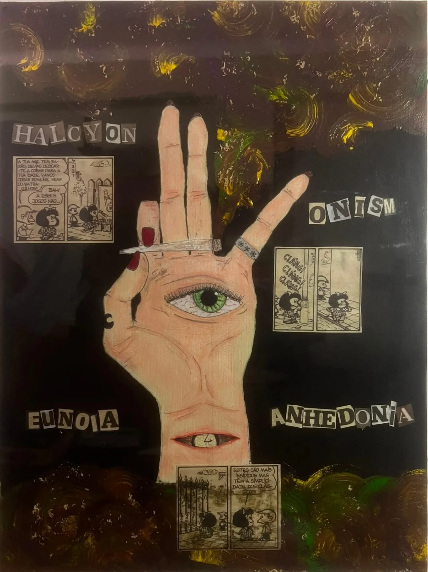 Arte com uma figura de uma mão com um olho no centro da palma, cabelos coloridos ao fundo e quadrinhos de desenhos de personagens. Frases em português como 'FALAÇÕES', 'EUONIA', 'ANTEDIÇÃO' e outros textos explicativos.