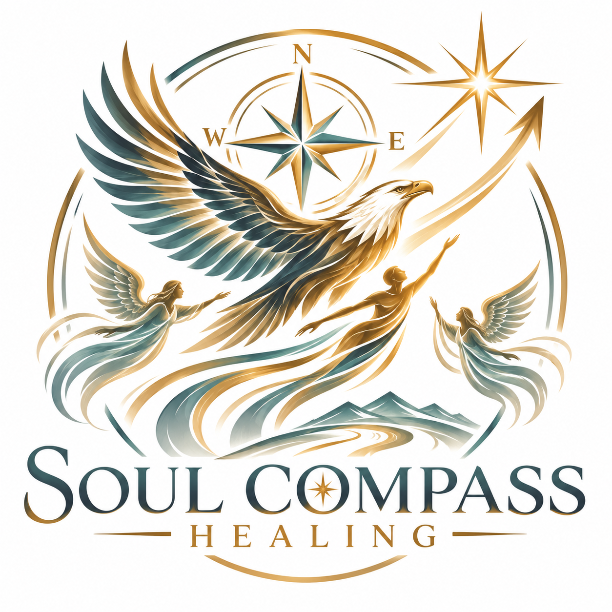 Logo for Soul Compass Healing featuring a large eagle with outstretched wings, three women with flowing hair and wings reaching towards an arrow, a compass rose, and a star in gold and dark teal colors with mountains in the background.