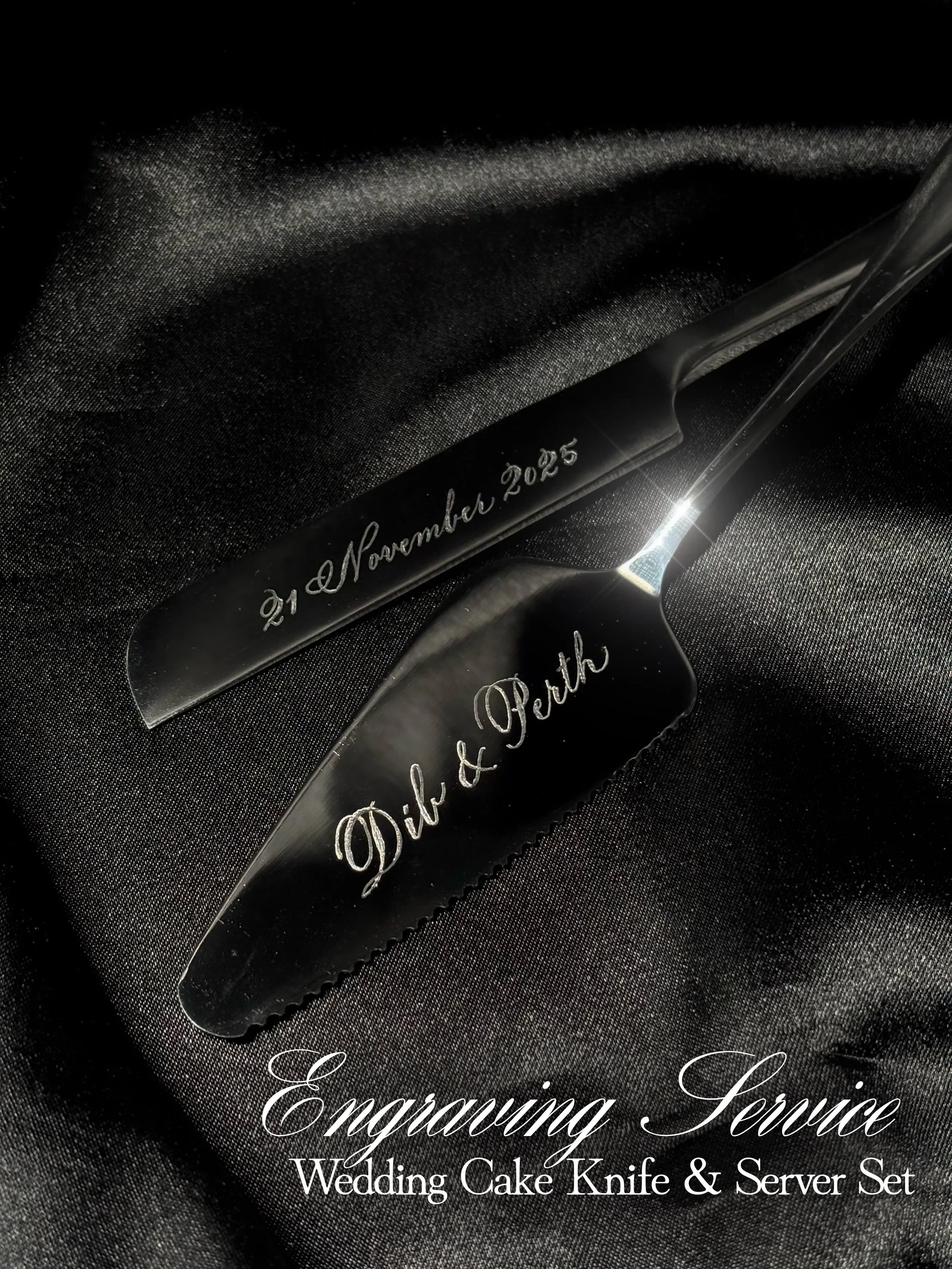 The first slice of your wedding cake deserves something made to last.

Custom engraving for K.Dib &amp; K.Perth&rsquo;s wedding cake knife &amp; server set.

Personalised with your names, wedding date, or a meaningful message, each piece is engraved 
