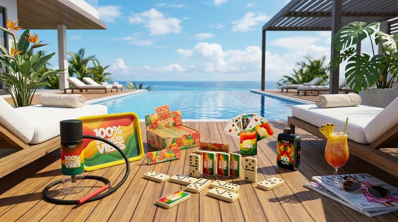 A poolside scene with tropical plants, empty lounge chairs, and a view of the ocean. On a wooden deck, there are smoking accessories, dominoes, a deck of cards, a glass of tropical drink, sunglasses, and magazines, with clear skies overhead.