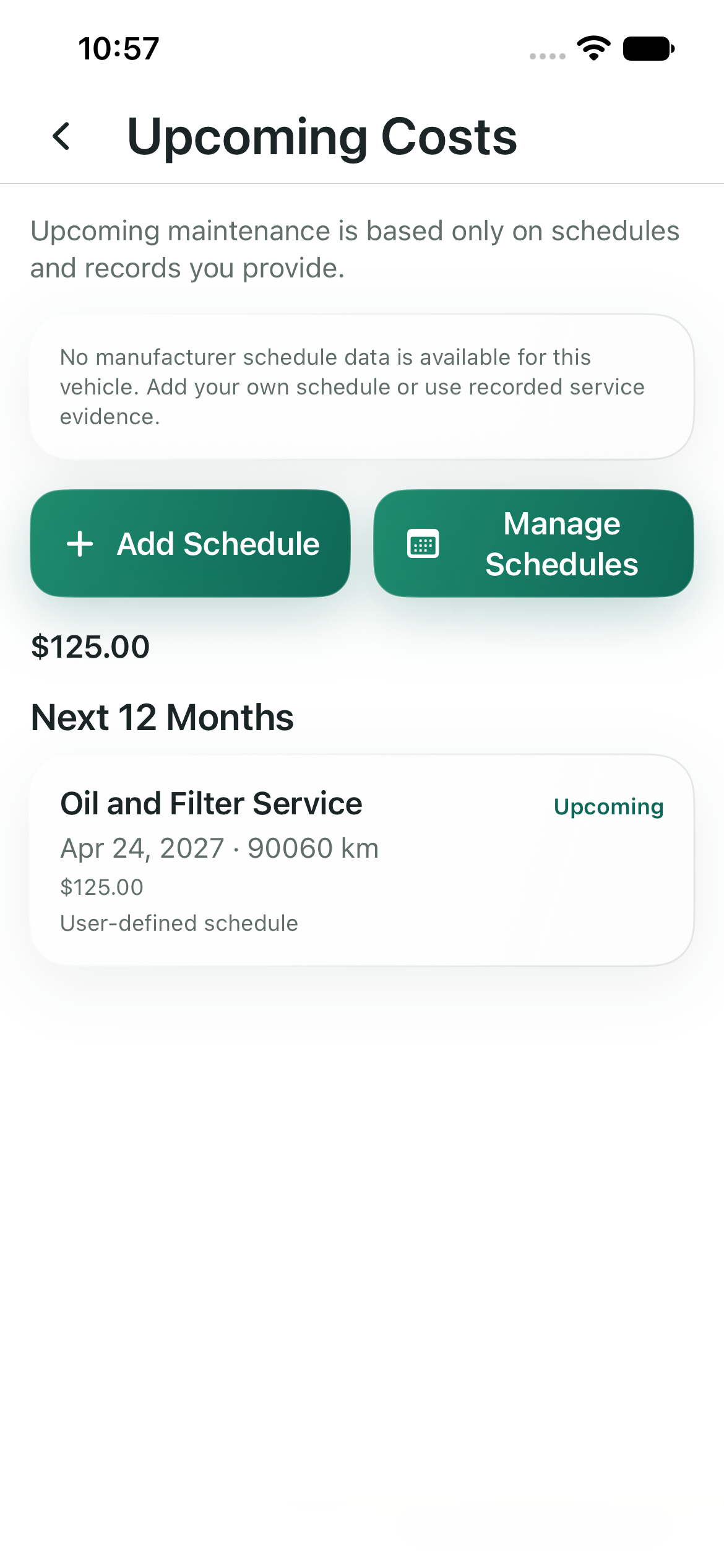 CarFixMate upcoming maintenance screen with an illustrative oil and filter service reminder