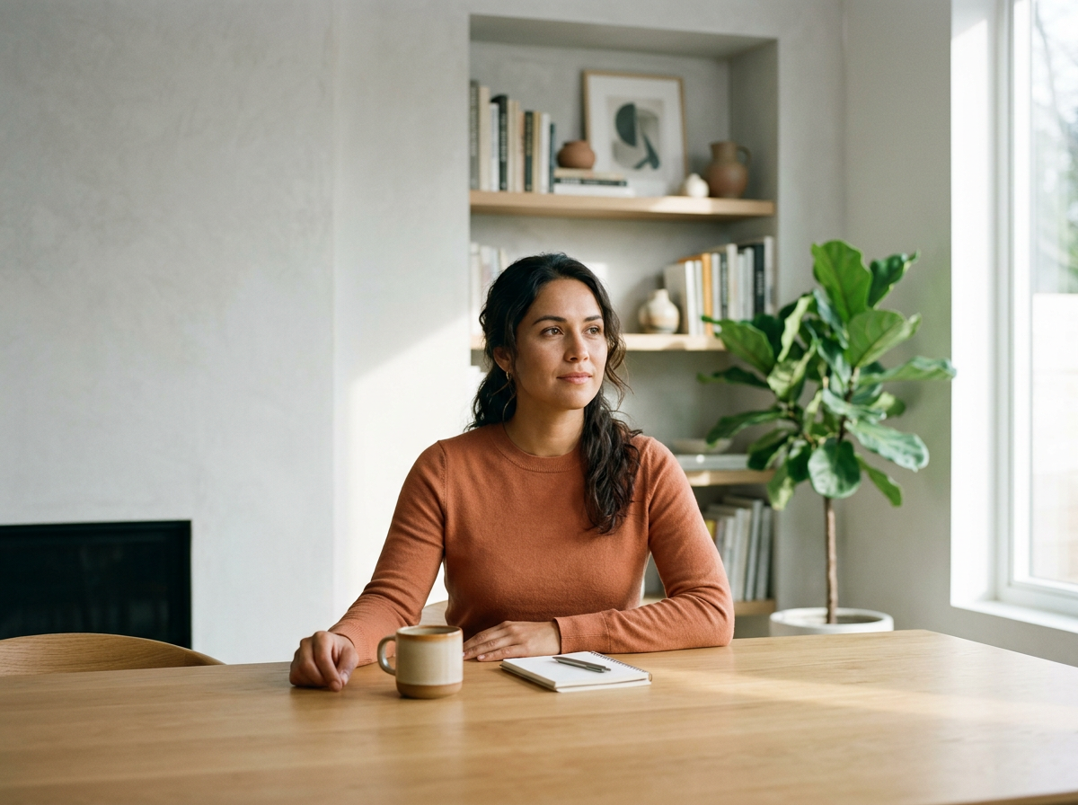 A woman with dark wavy hair sitting at a wooden table in a bright room, looking thoughtfully to the side, with a notebook, pen, and coffee mug in front of her, and shelves filled with books and decorative items behind her.