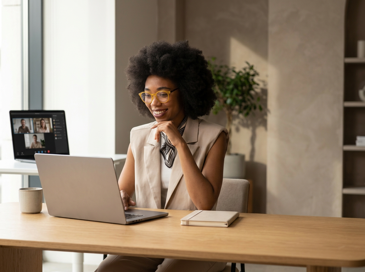 Woman with curly hair and glasses smiling while working on a laptop during a video call, with a notebook and coffee mug on the desk. A second laptop showing a video conference is also on the desk.