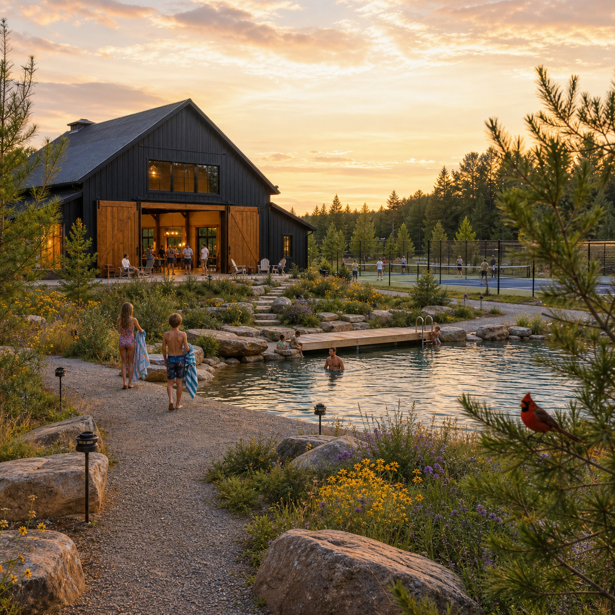 People enjoying a sunset around a pond, with a black barn-style house in the background. Some are swimming, others are playing tennis, and children are walking on a gravel path surrounded by rocks, flowers, and greenery. The scene is illuminated by warm, golden sunlight.