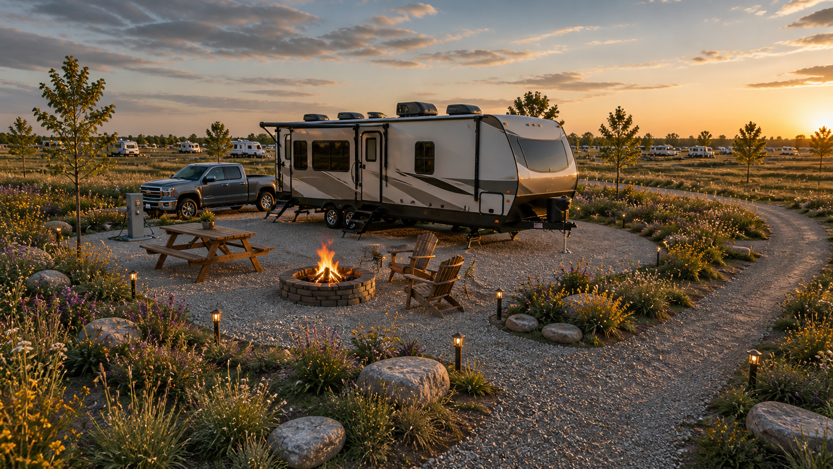 Full-Hookup RV Sites - Thoughtfully designed RV sites with comfortable outdoor living space, landscaping and convenient utility options.